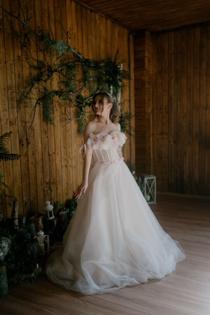 Romantic Blush Tulle Wedding Dress with Floral Bodice