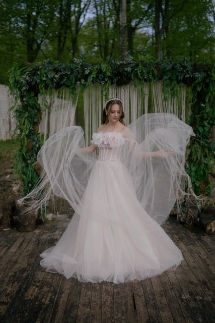 Romantic Blush Tulle Wedding Dress with Floral Bodice