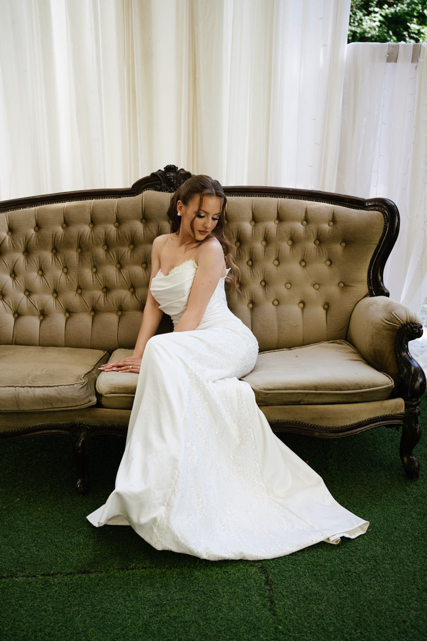 Strapless Satin Mermaid Wedding Dress with Draped Cowl Neckline and Beaded Lace Details