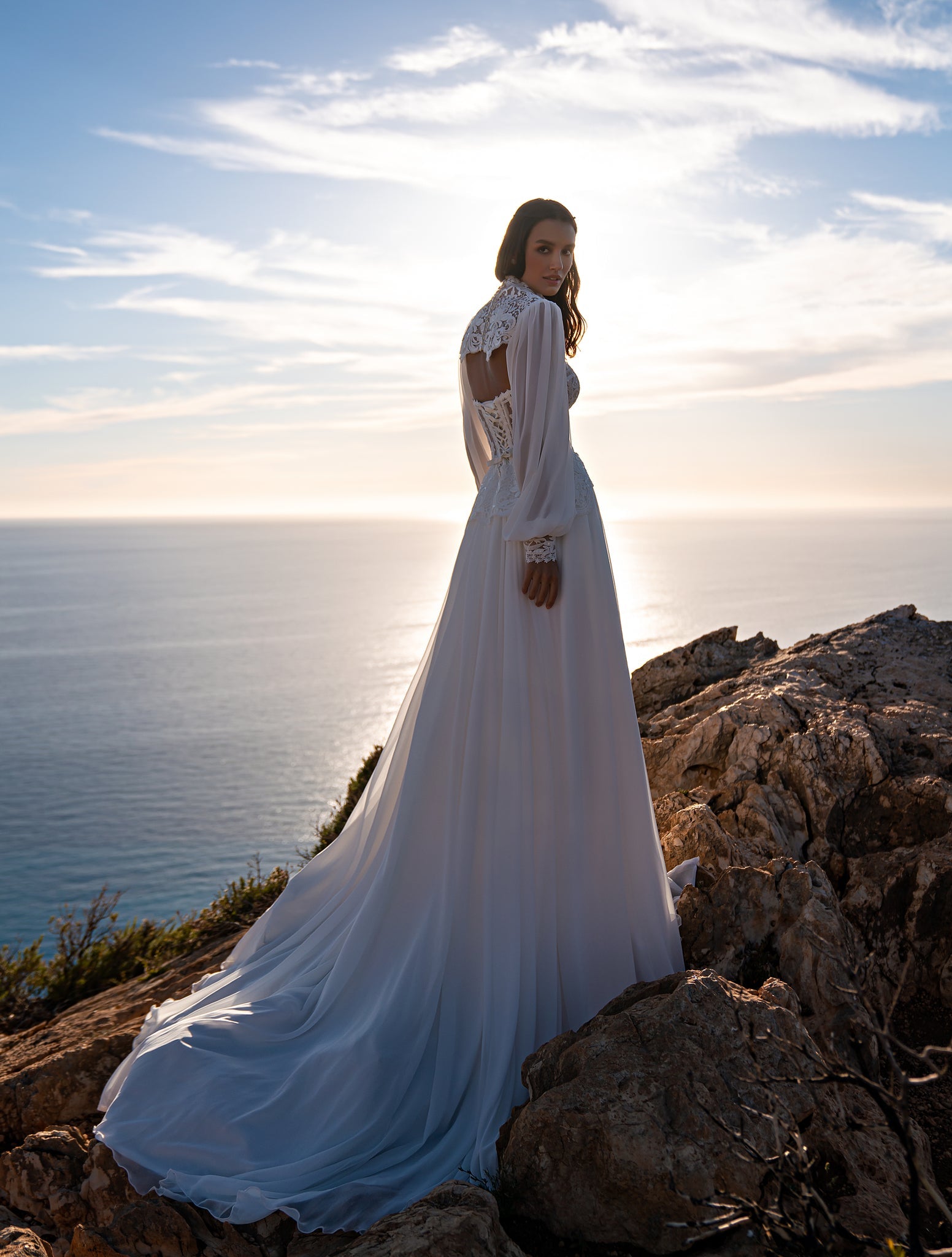 BOHO WEDDING DRESS WITH BOLERO AND SHEER SLEEVES