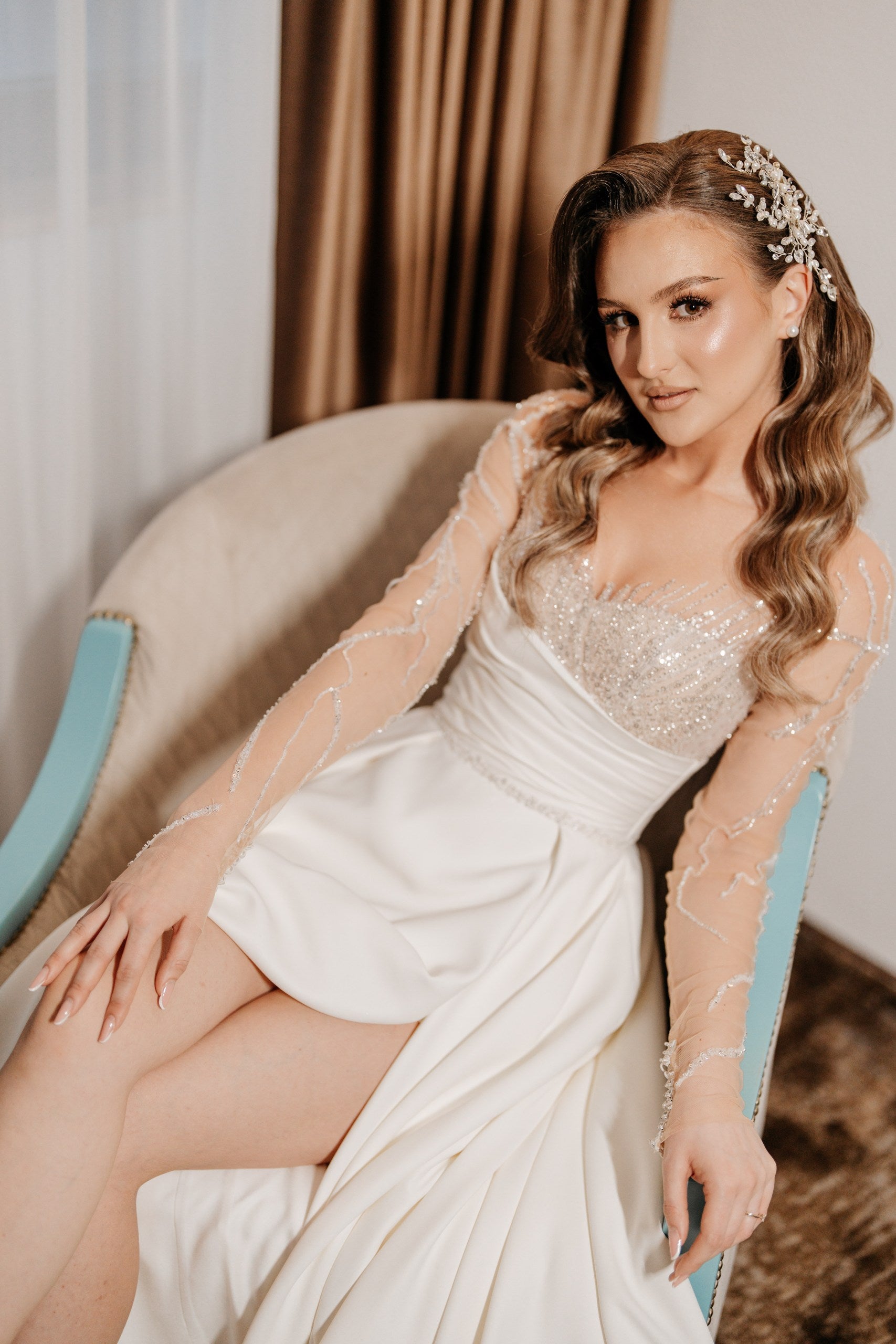 Ivory Satin Bridal Dress with Beaded Corset