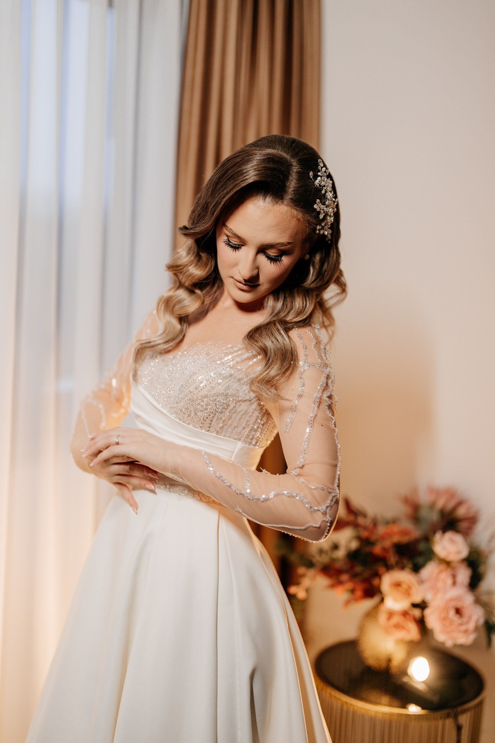 Ivory Satin Bridal Dress with Beaded Corset