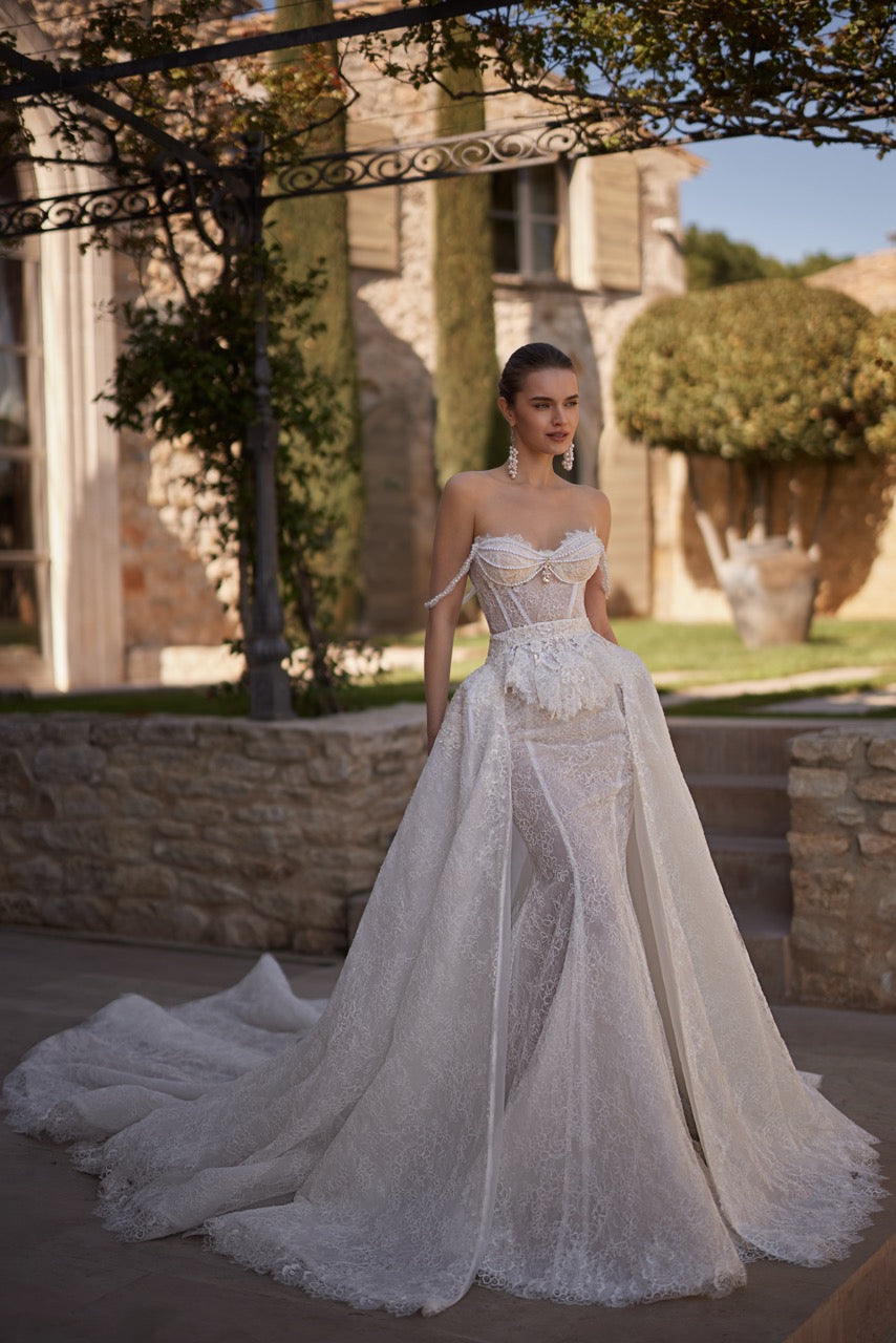 Desiree Lace Mermaid Wedding Dress with Corset and Sheer Sleeves