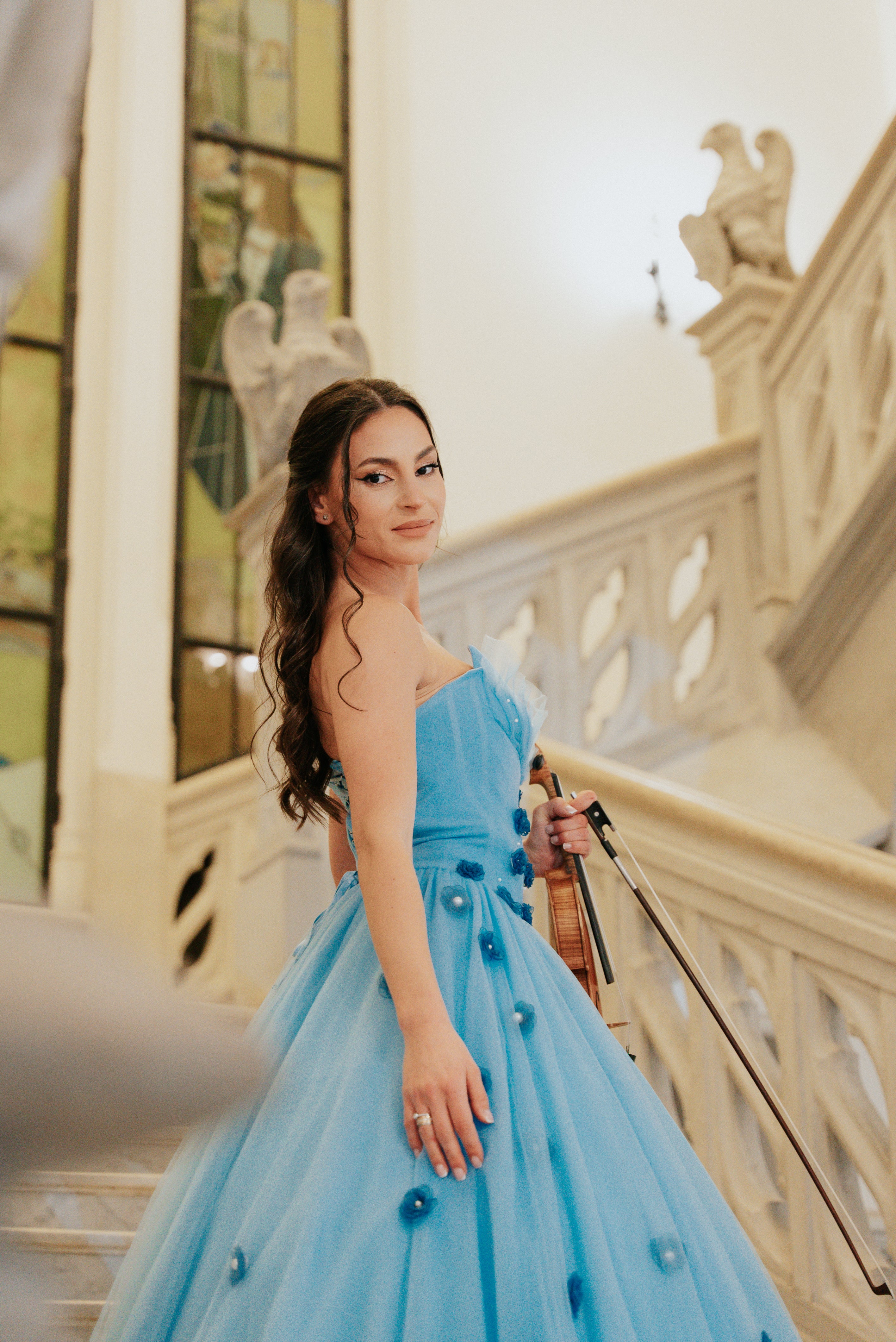 Elegant Baby Blue Evening Gown with Organza Flowers