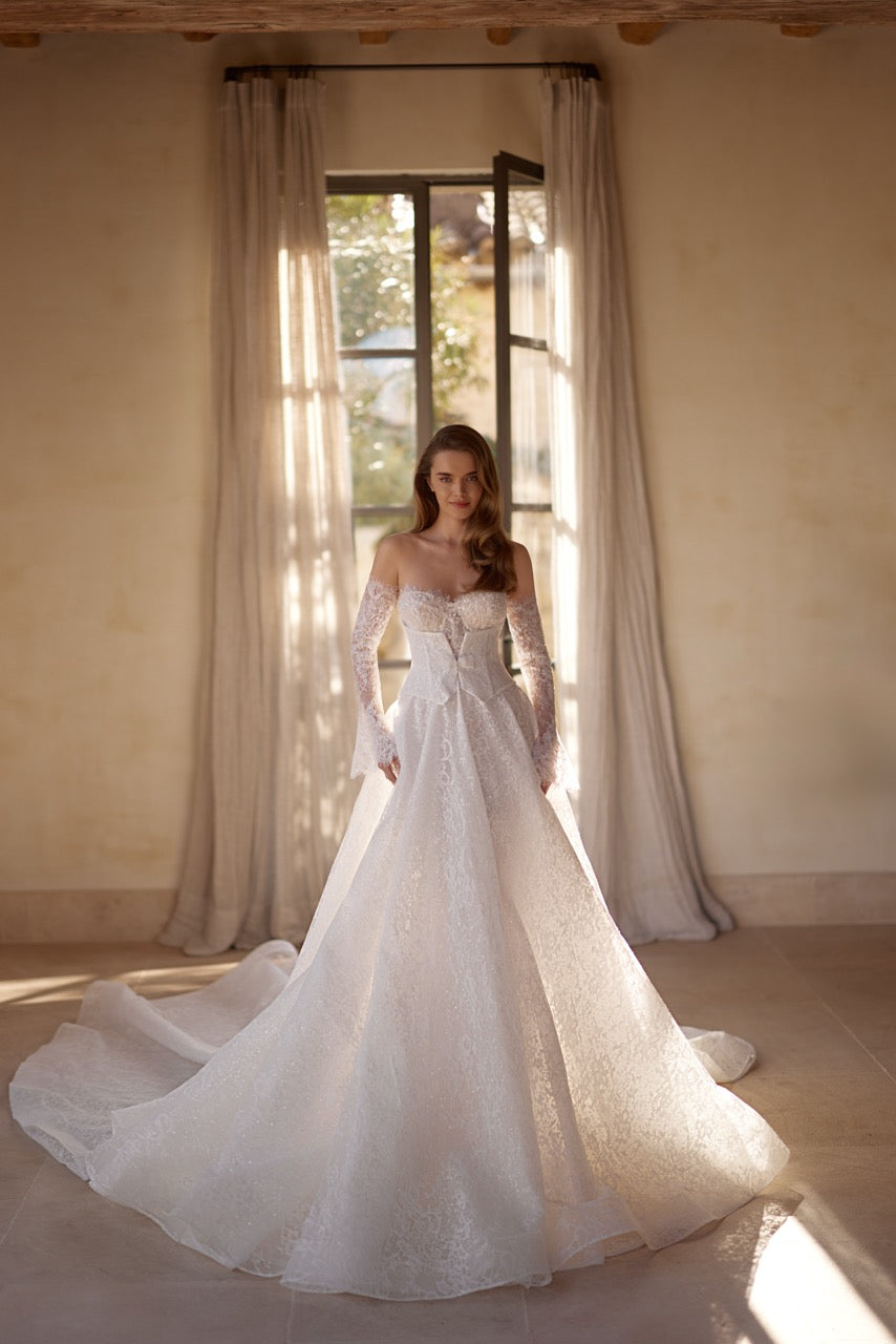 Eden Sparkling Lace Ball Gown Wedding Dress with Corset and Long Sleeves