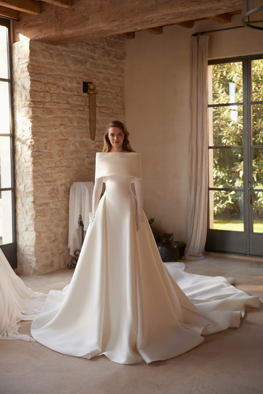 Helene Minimalist Satin A-Line Wedding Dress with Cape Neckline and Long Sleeves