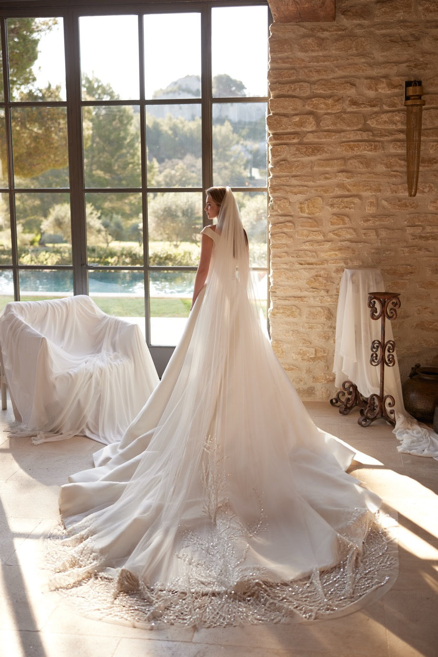 Helene Minimalist Satin A-Line Wedding Dress with Cape Neckline and Long Sleeves