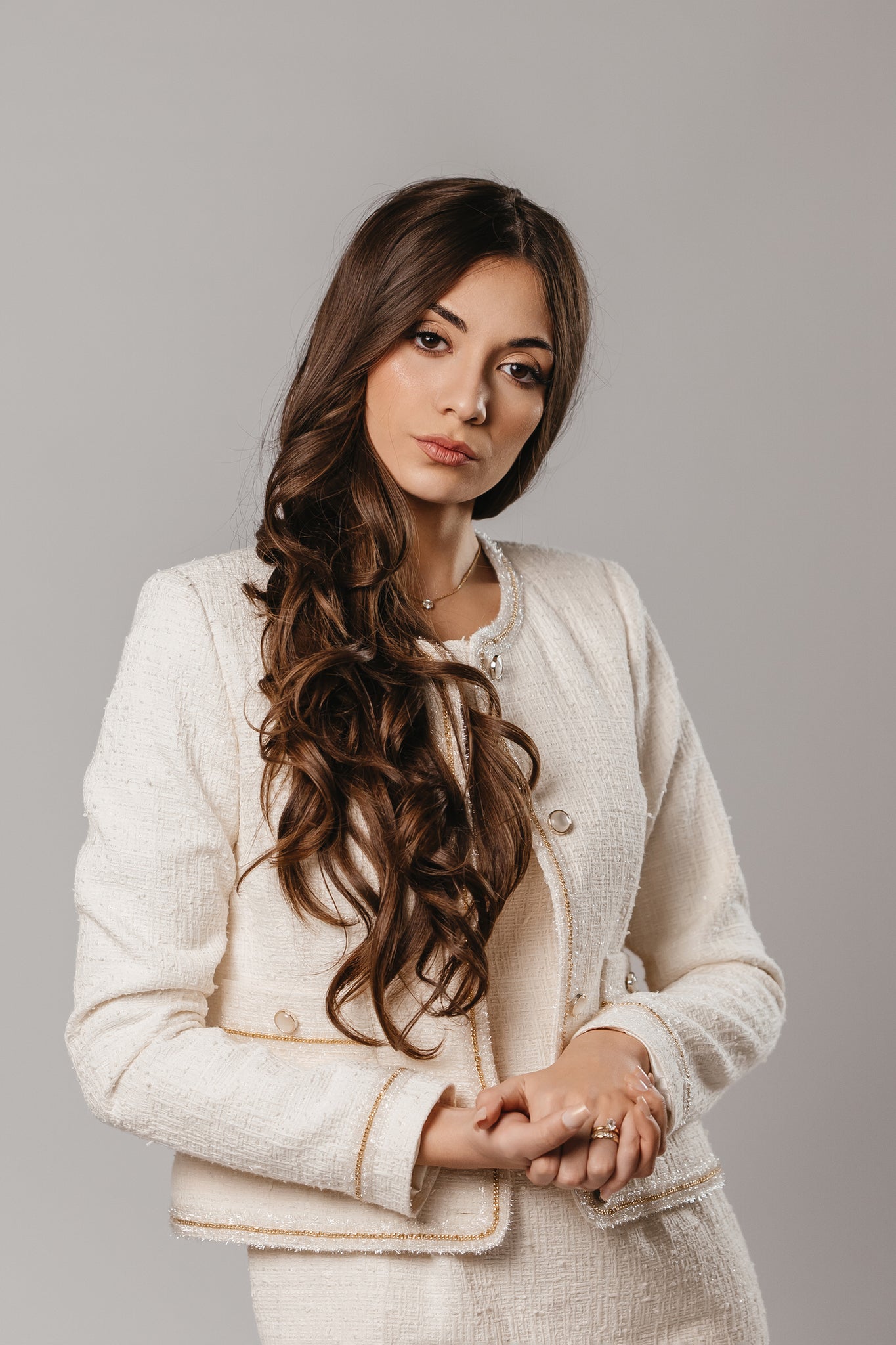 Ivory Chanel-Style Fabric Skirt and Jacket Suit