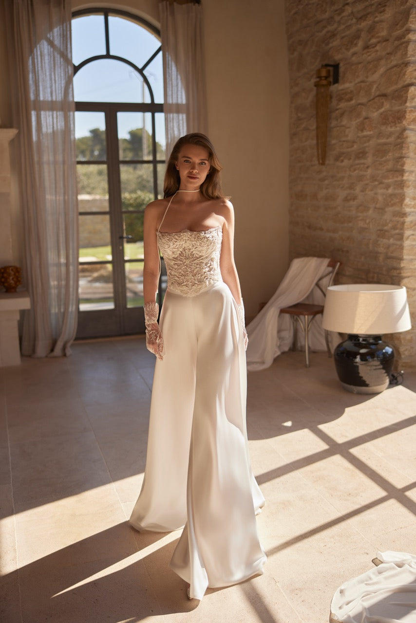 Lace Corset Bridal Jumpsuit with Wide-Leg Trousers