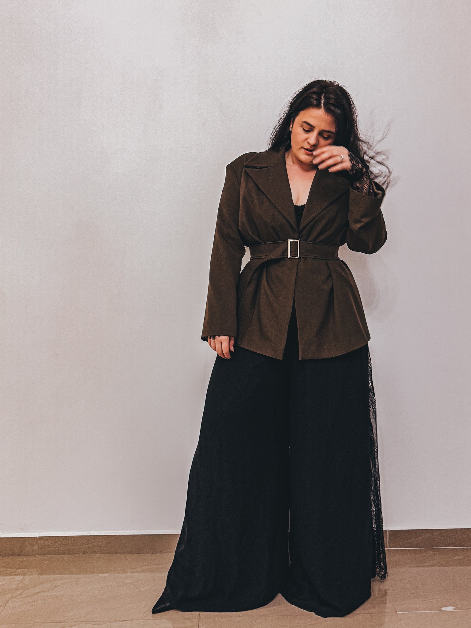 Kaki Blazer with Oversized Metallic Belt