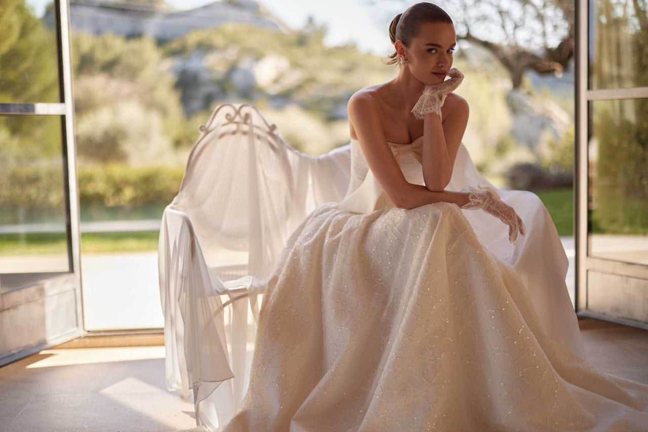 Strapless Beaded Ball Gown Wedding Dress with Bow Neckline