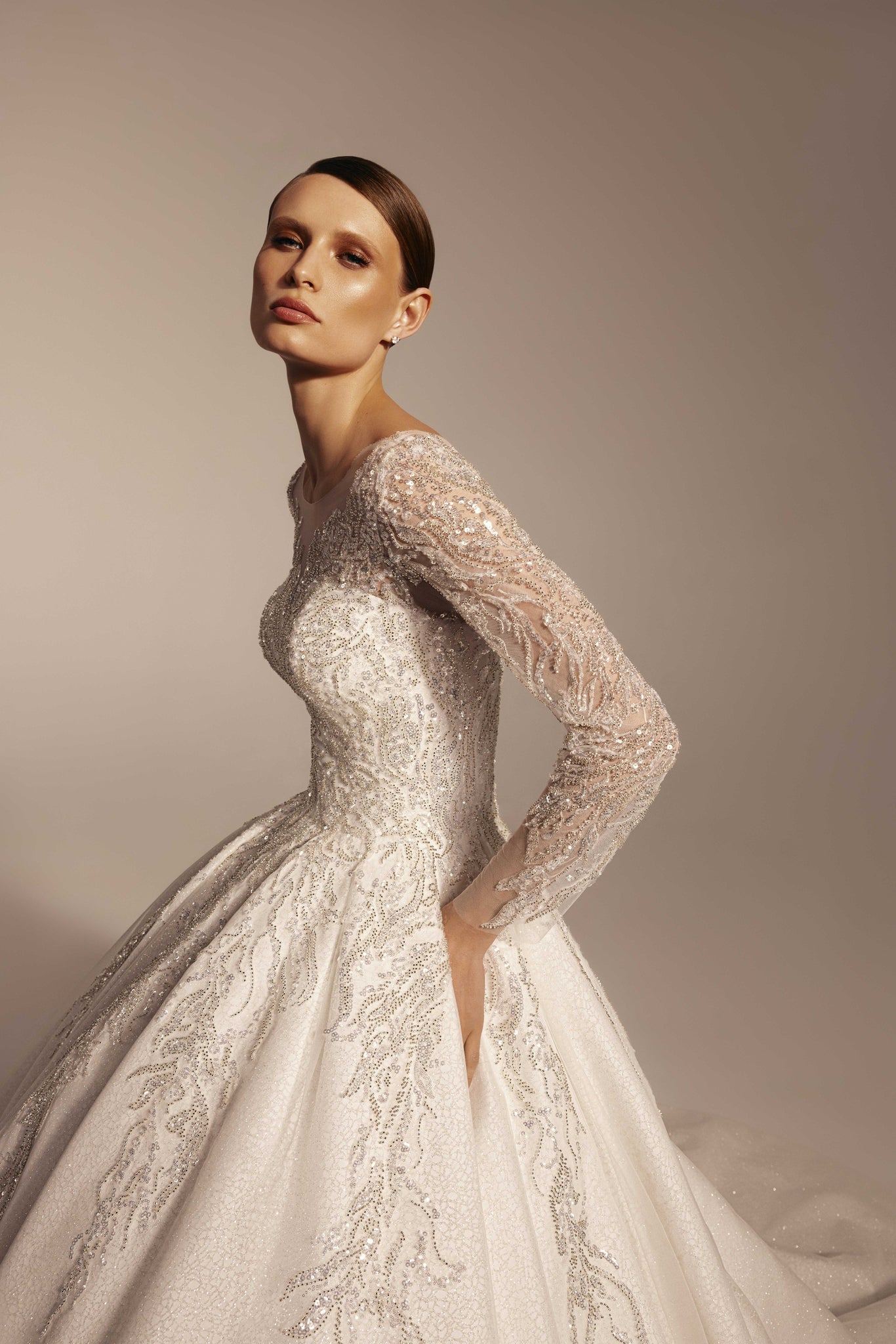 Long Sleeve Wedding Dress with Lace and Sparkling Embroidery