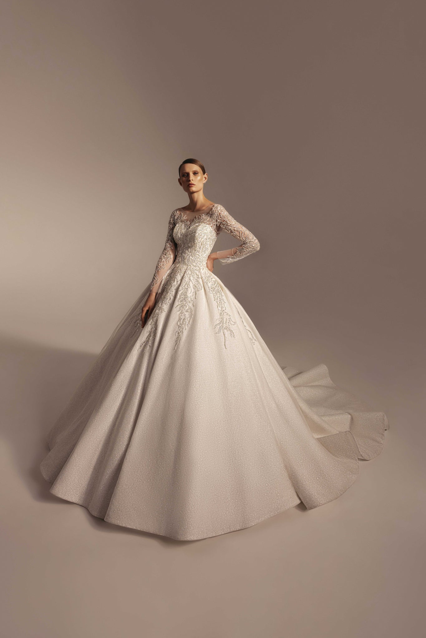 Long Sleeve Wedding Dress with Lace and Sparkling Embroidery