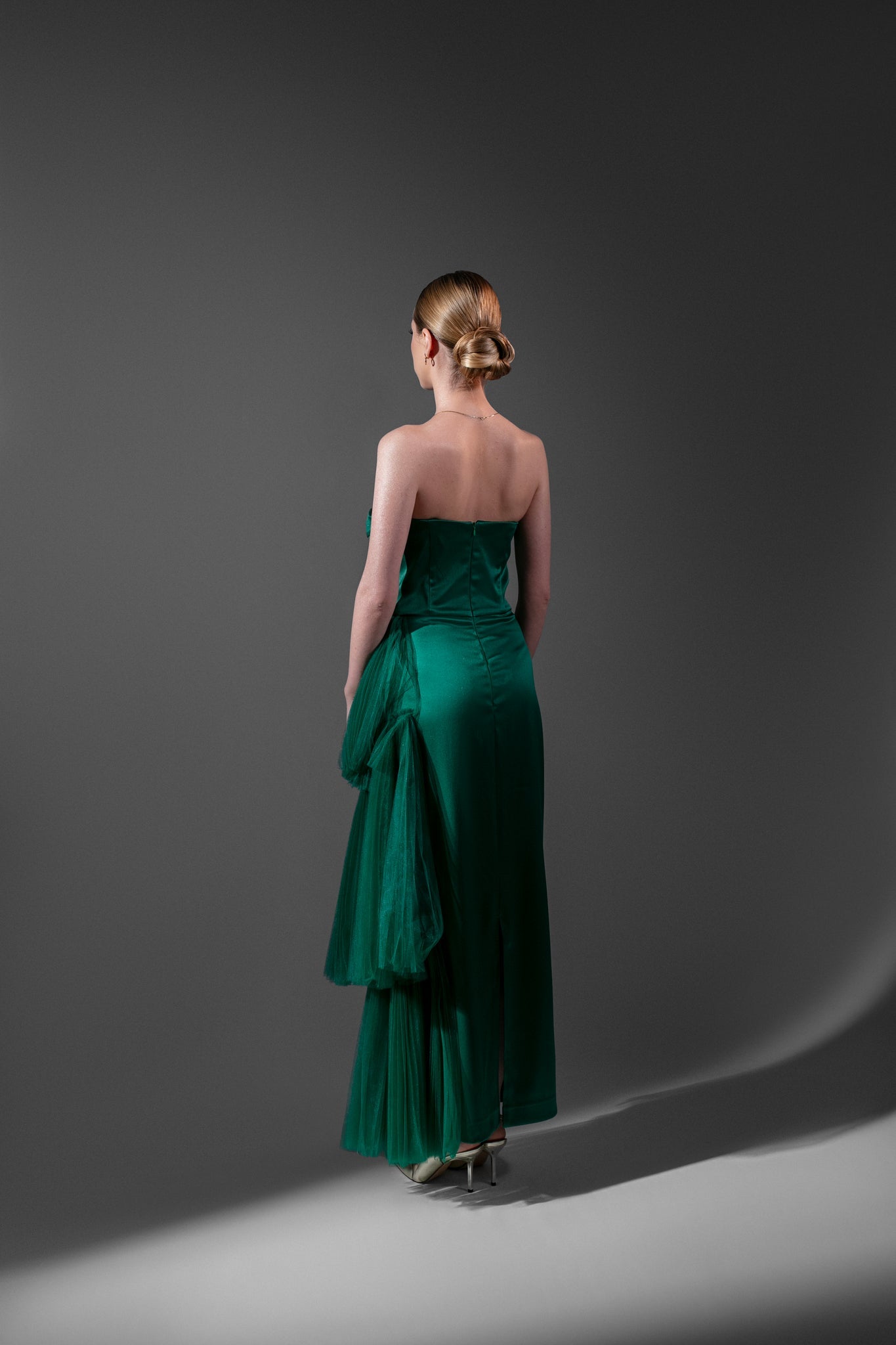 MIDI EVENING DRESS WITH SIDE PLEATS AND BALCONETTE CORSET