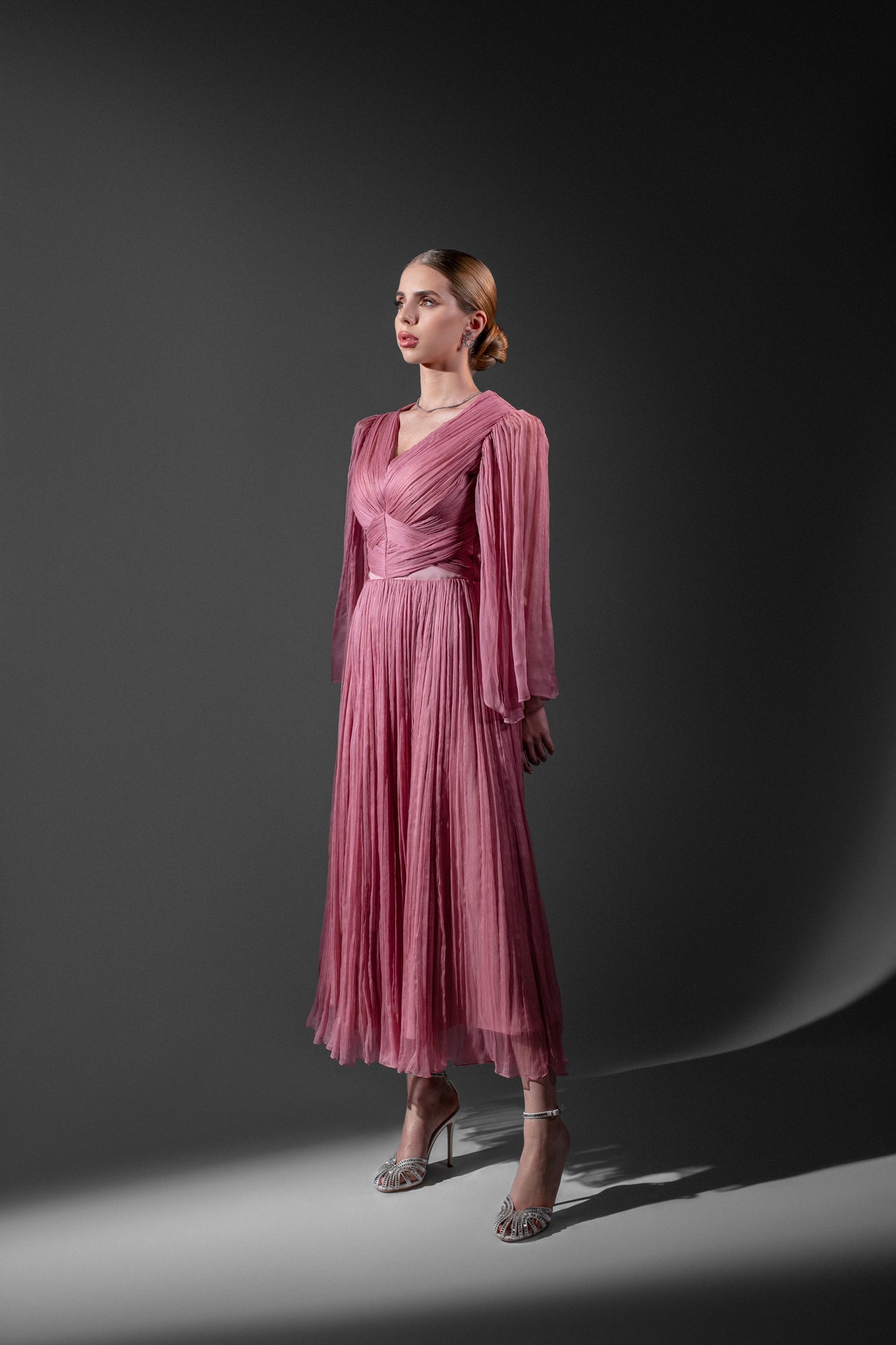 Midi Evening Dress in Powder Pink Natural Silk