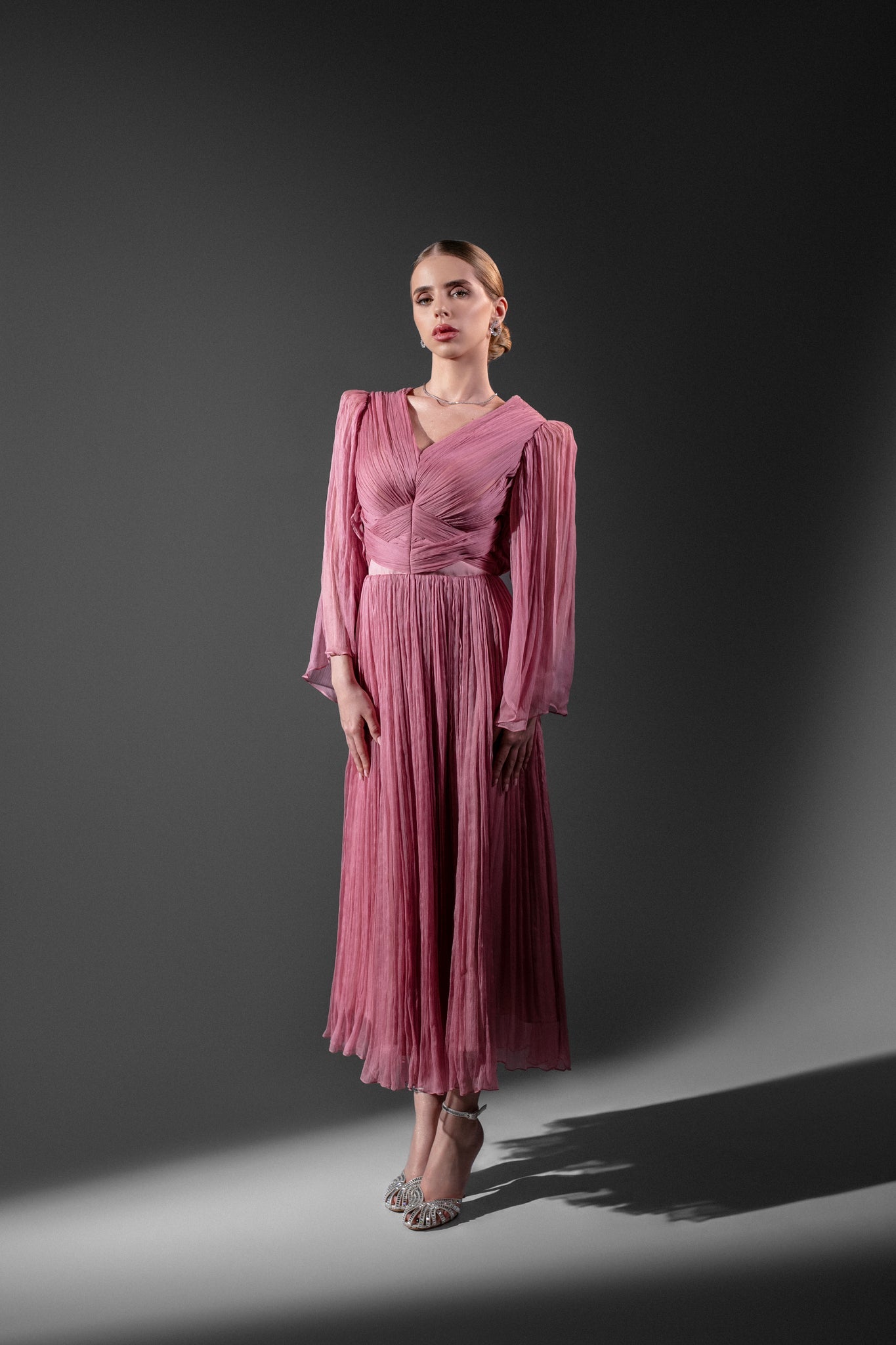 Midi Evening Dress in Powder Pink Natural Silk