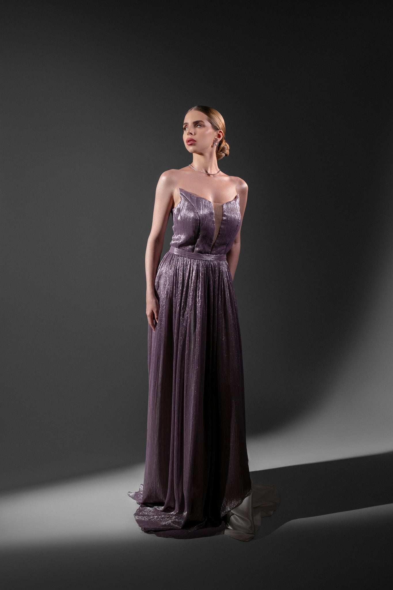 Midi Evening Dress in Silk with Lilac Shades