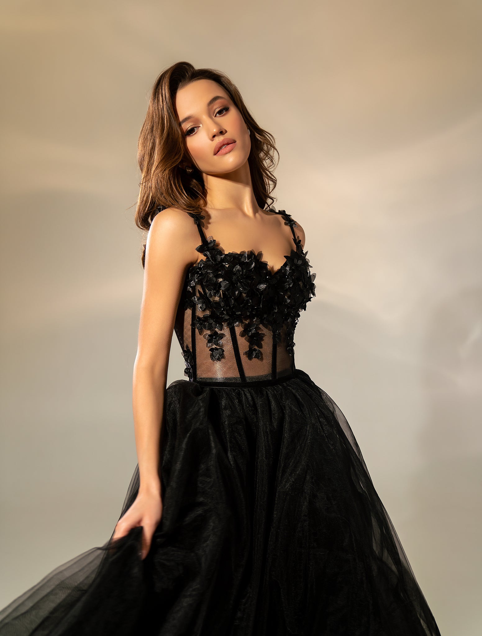 Midi Evening Dress in Tulle with Applied Flowers