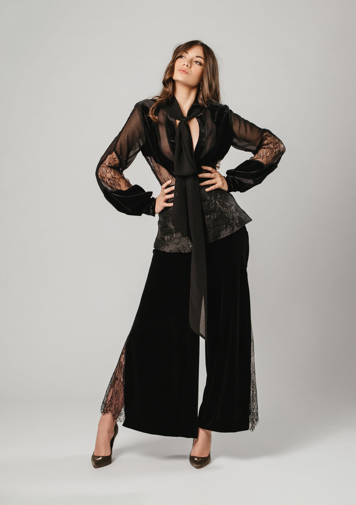 Midi Velvet Pants with Side Chantilly Lace Inserts