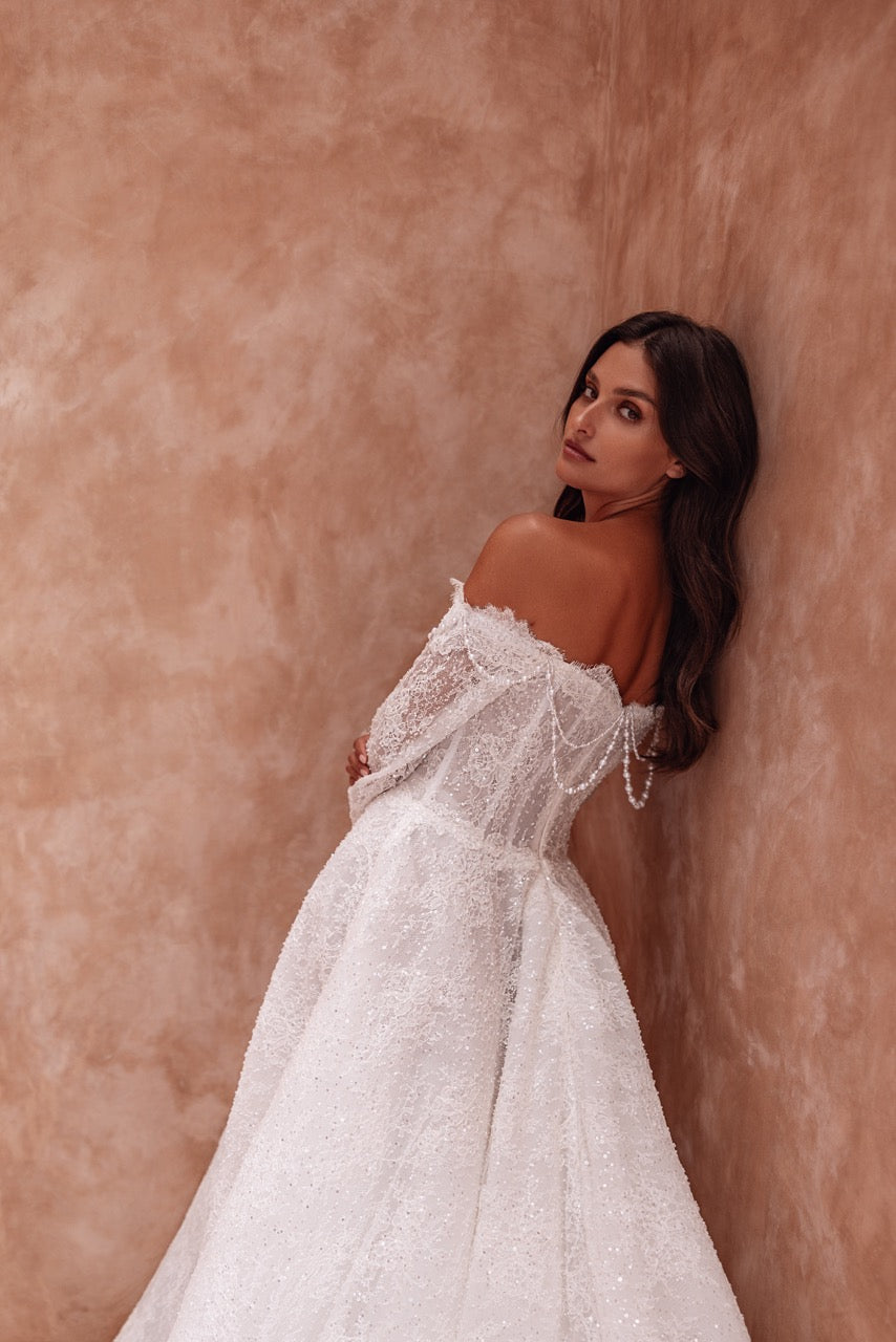 Off-Shoulder Sparkling Lace A-Line Wedding Dress with Long Sleeves