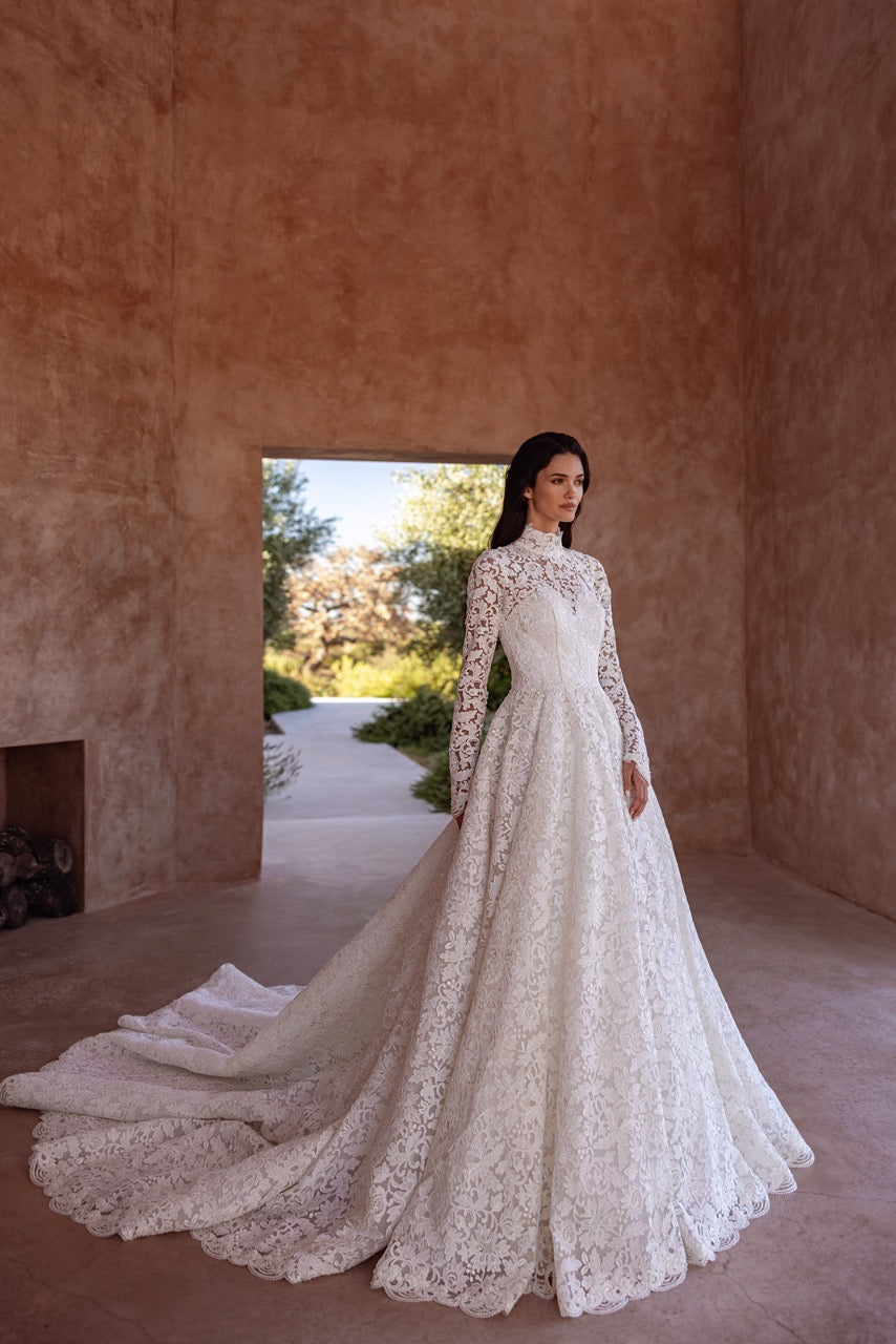 High-Neck Lace Ball Gown Wedding Dress with Long Sleeves and Cathedral Train