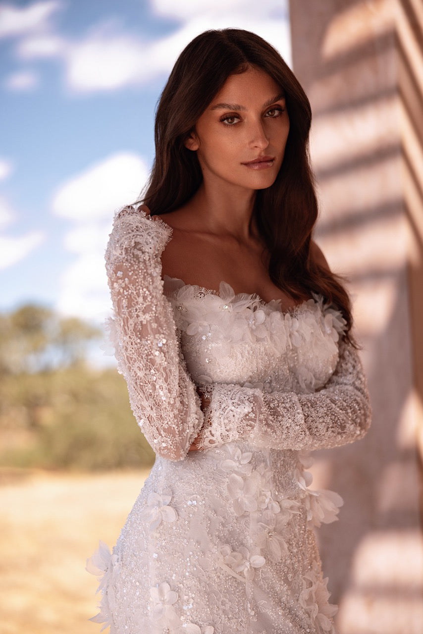 Off-Shoulder 3D Floral Lace Mermaid Wedding Dress with Long Sleeves