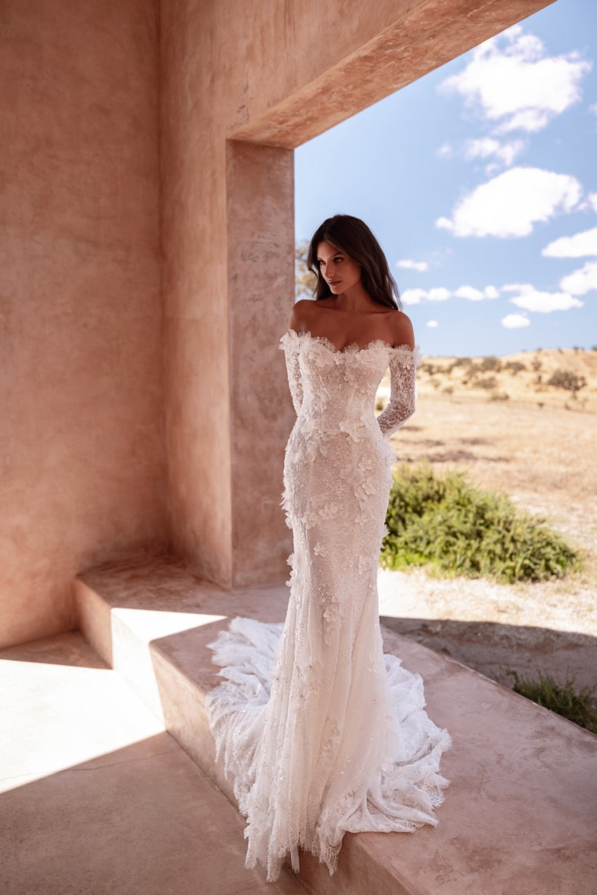 Off-Shoulder 3D Floral Lace Mermaid Wedding Dress with Long Sleeves