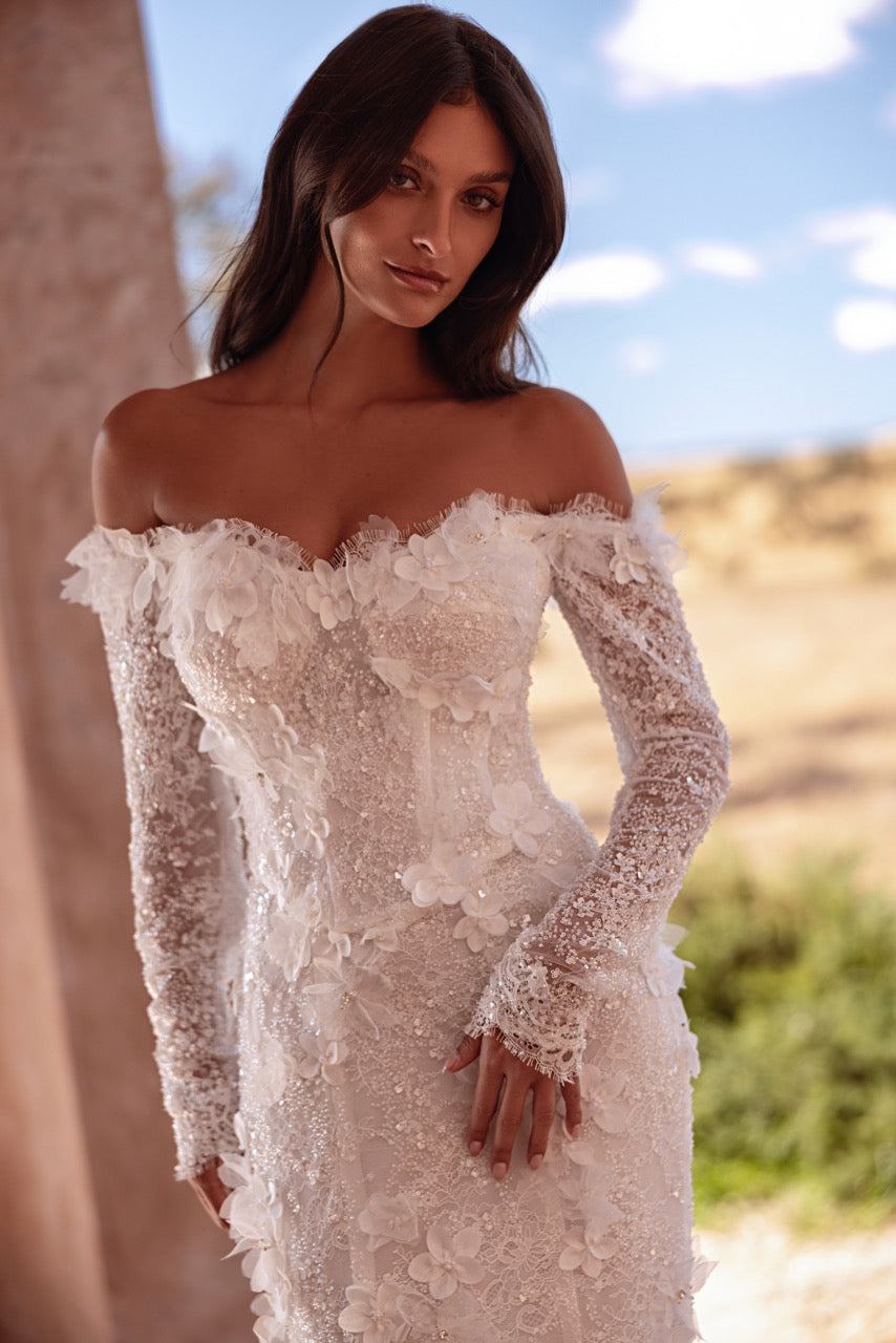 Off-Shoulder 3D Floral Lace Mermaid Wedding Dress with Long Sleeves