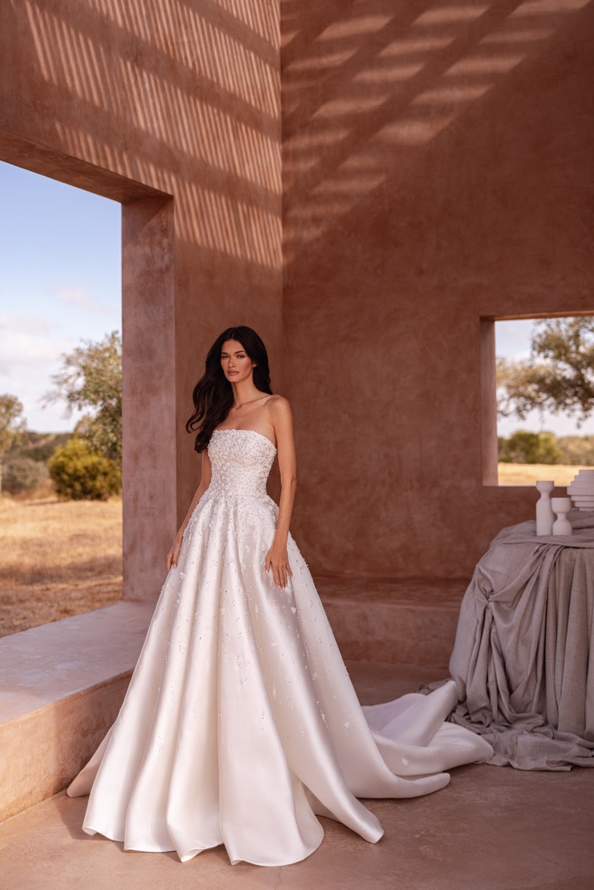 Strapless Pearl-Beaded Ball Gown Wedding Dress with Floral Embellishments
