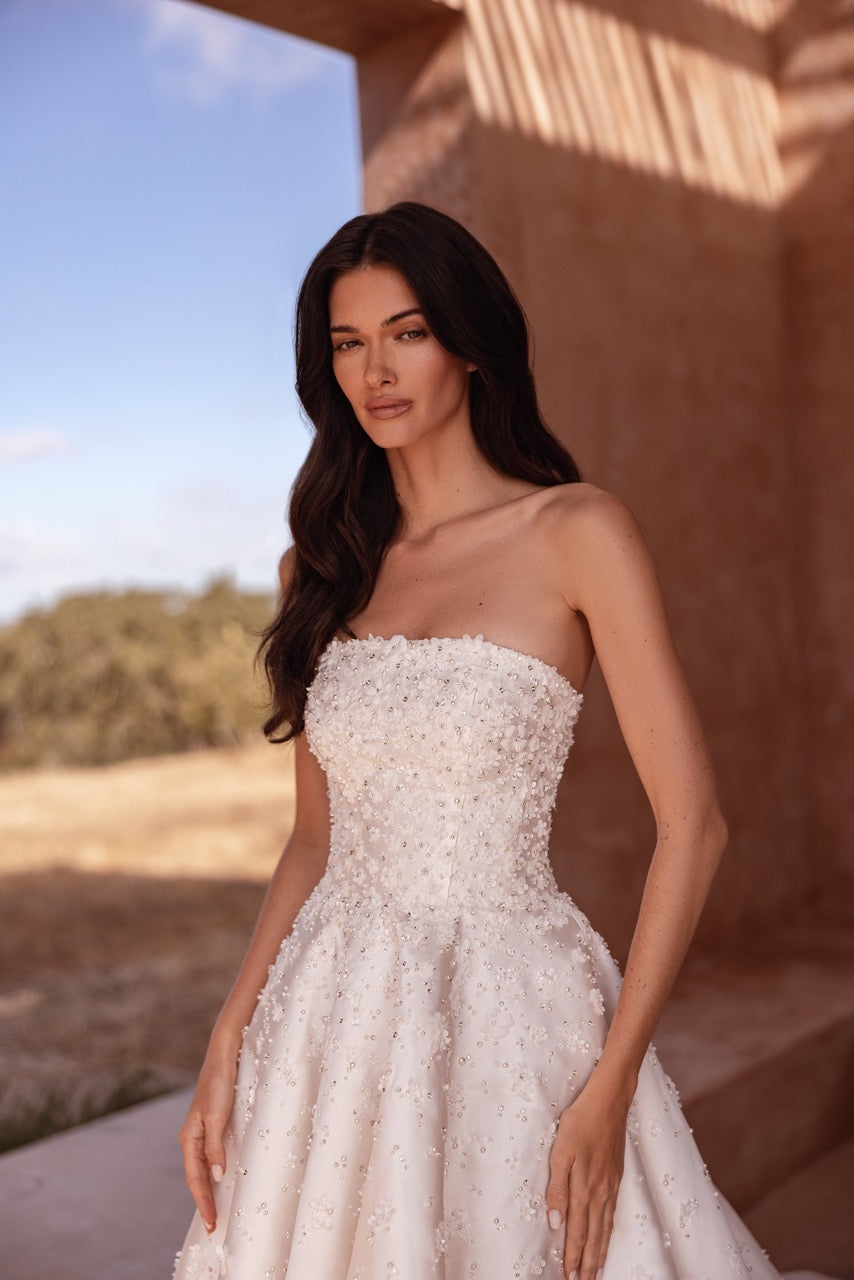 Strapless Pearl-Beaded Ball Gown Wedding Dress with Floral Embellishments