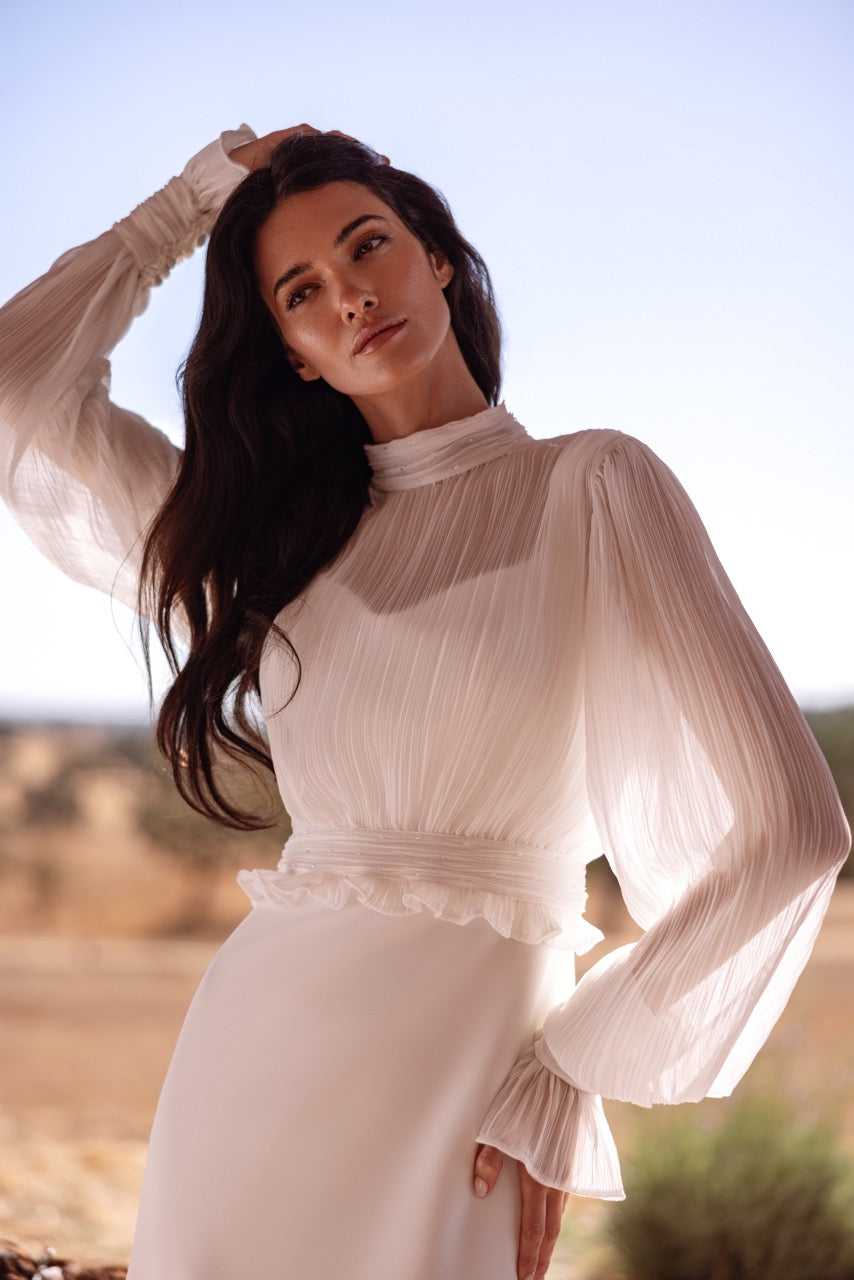 High-Neck Pleated Chiffon Bolero with Long Sleeves