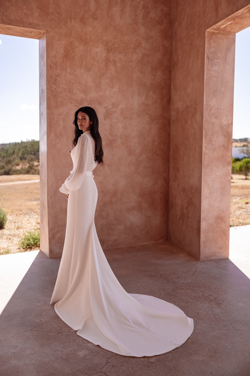 High-Neck Pleated Chiffon Bolero with Long Sleeves