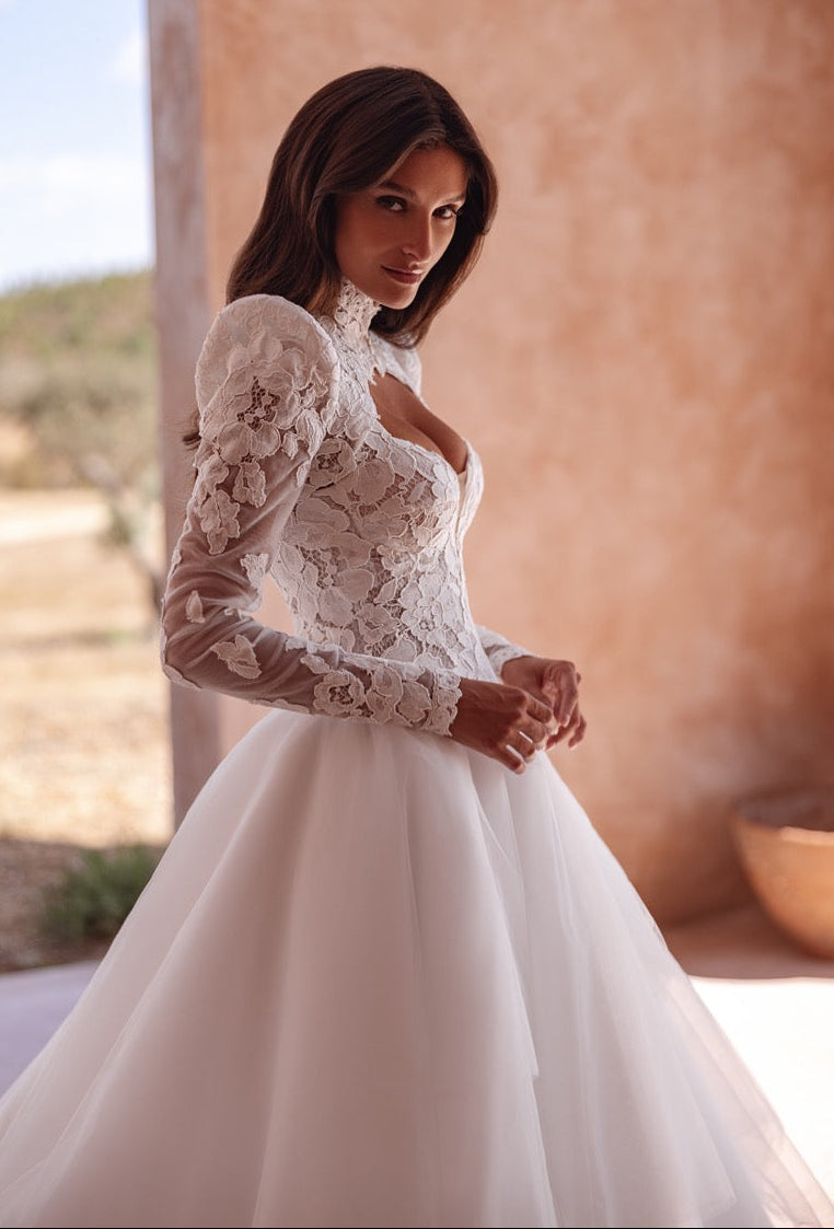 High-Neck Lace Ball Gown Wedding Dress with Bodice and Long Sleeves