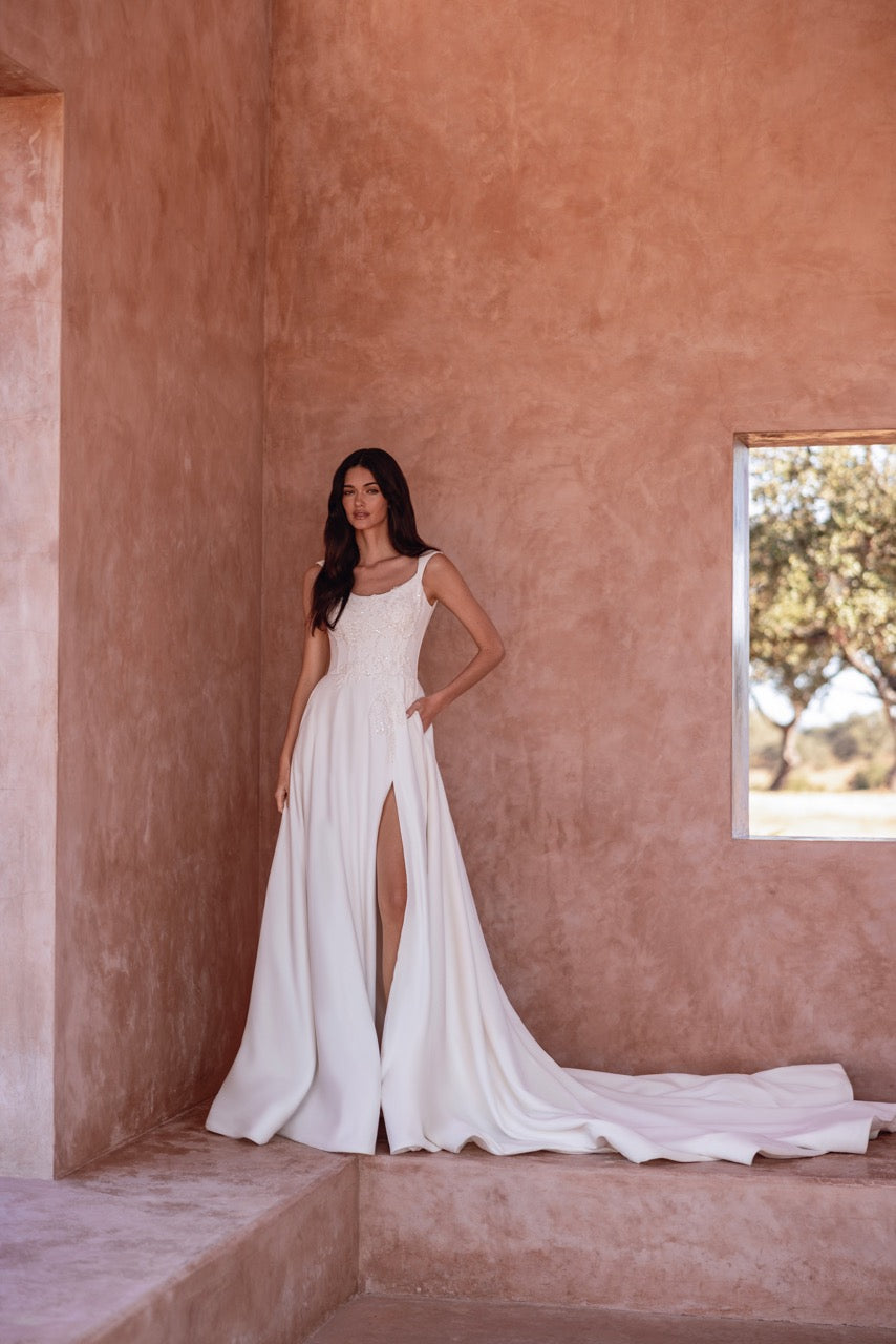 A-Line Wedding Dress with Puff Sleeves, Lace Appliqués and Thigh-High Slit