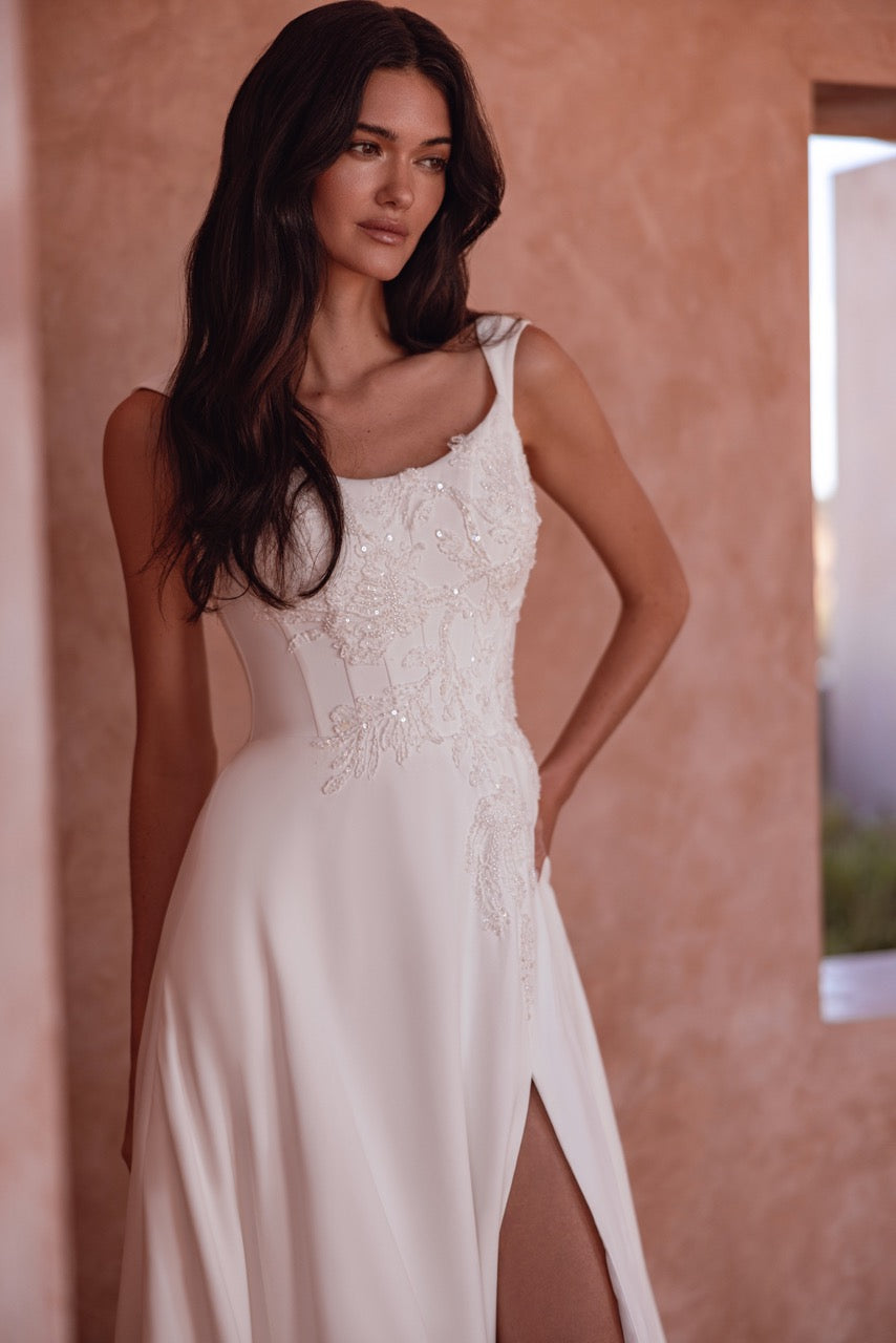 A-Line Wedding Dress with Puff Sleeves, Lace Appliqués and Thigh-High Slit