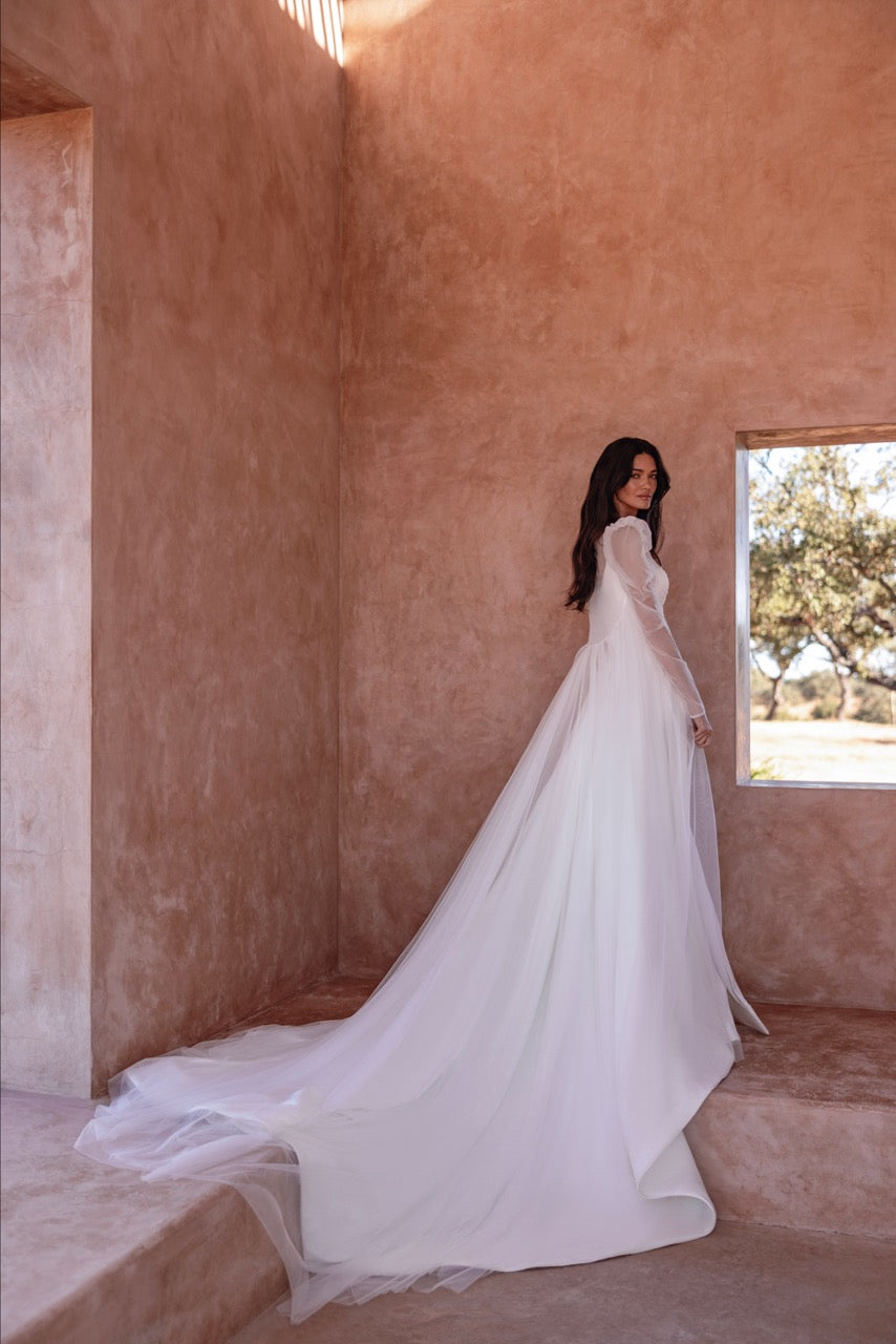 A-Line Wedding Dress with Puff Sleeves, Lace Appliqués and Thigh-High Slit
