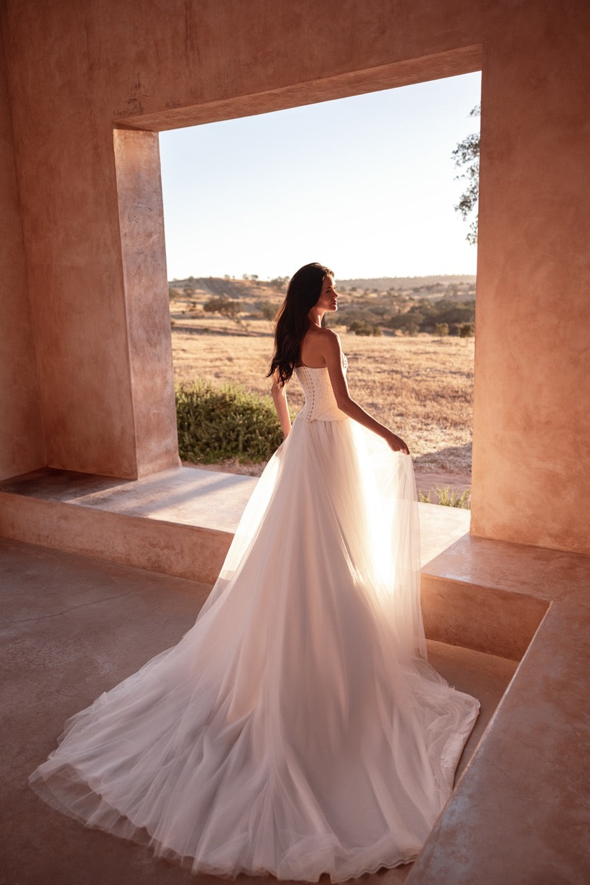 Strapless Beaded Corset A-Line Wedding Dress with Flowing Tulle Skirt