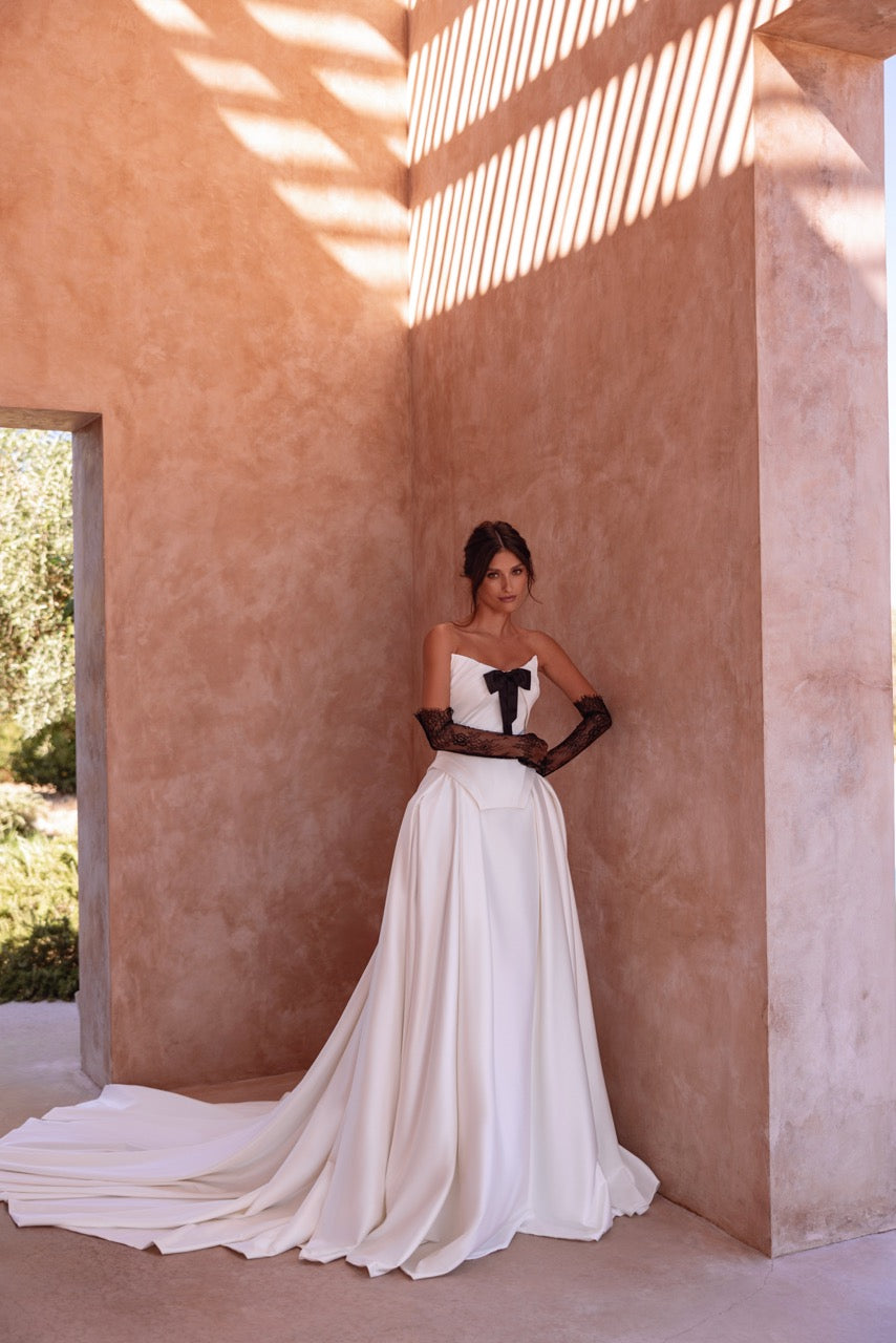 Strapless Ball Gown Wedding Dress with Black Bow and Corset