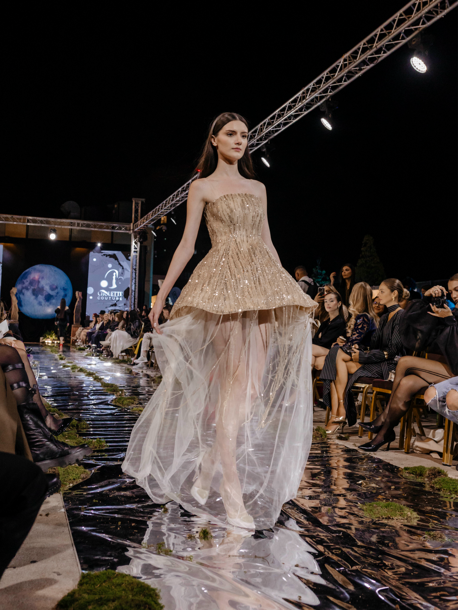 SHORT GOLD DRESS WITH SEQUINS AND LONG SHEER TUL SKIRT