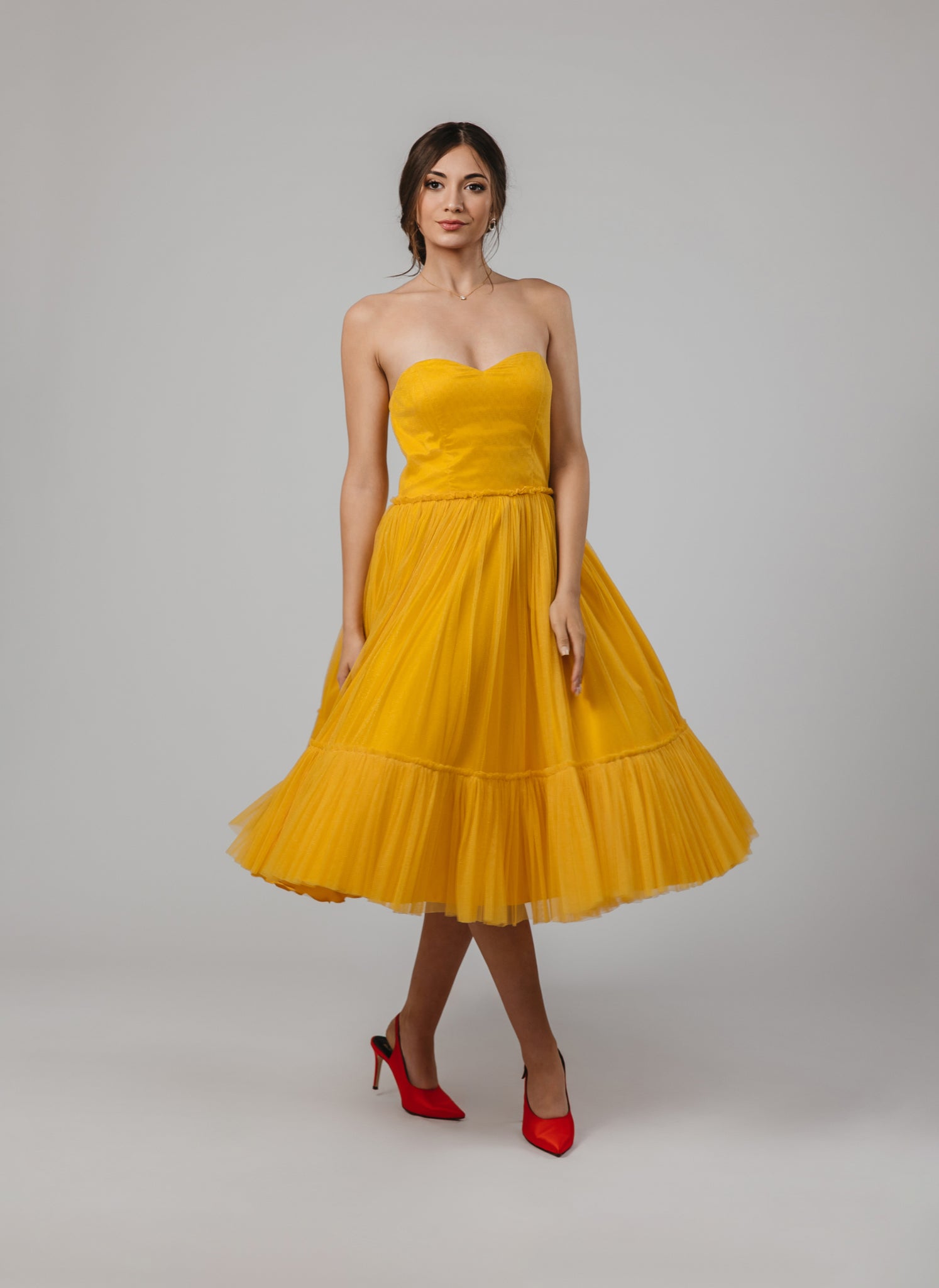 yellow tulle midi dress Bustier Bodice Tulle Midi Dress