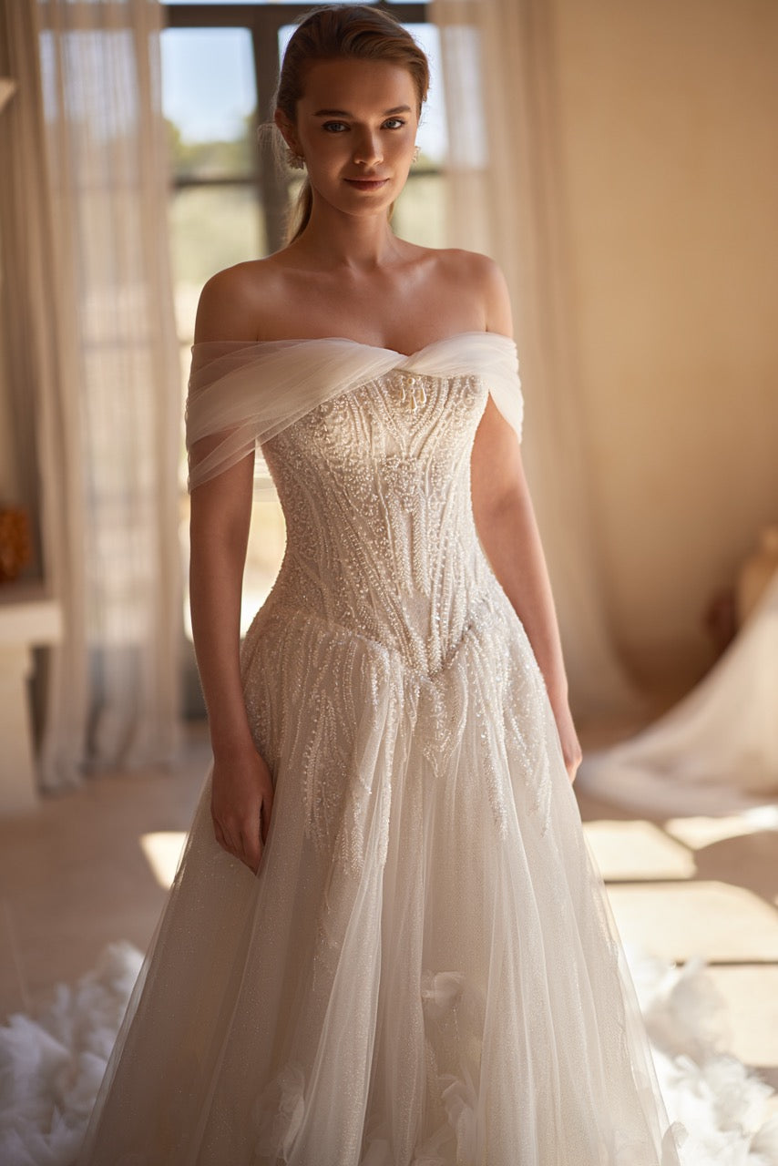 Off-Shoulder Sparkling A-Line Wedding Dress with Floral Train