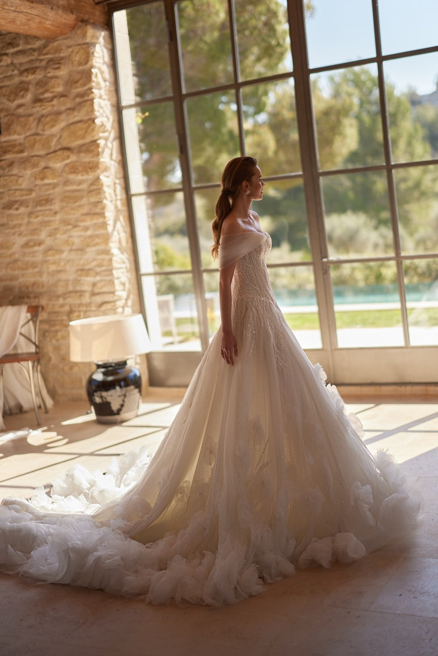 Off-Shoulder Sparkling A-Line Wedding Dress with Floral Train