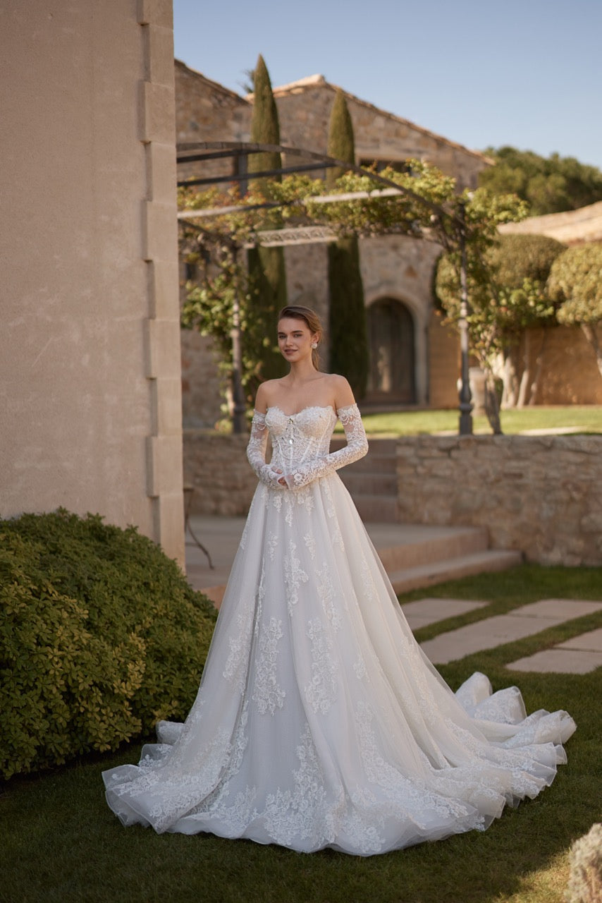 Off-Shoulder Lace A-Line Wedding Dress with Beaded Corset and Long Sleeves