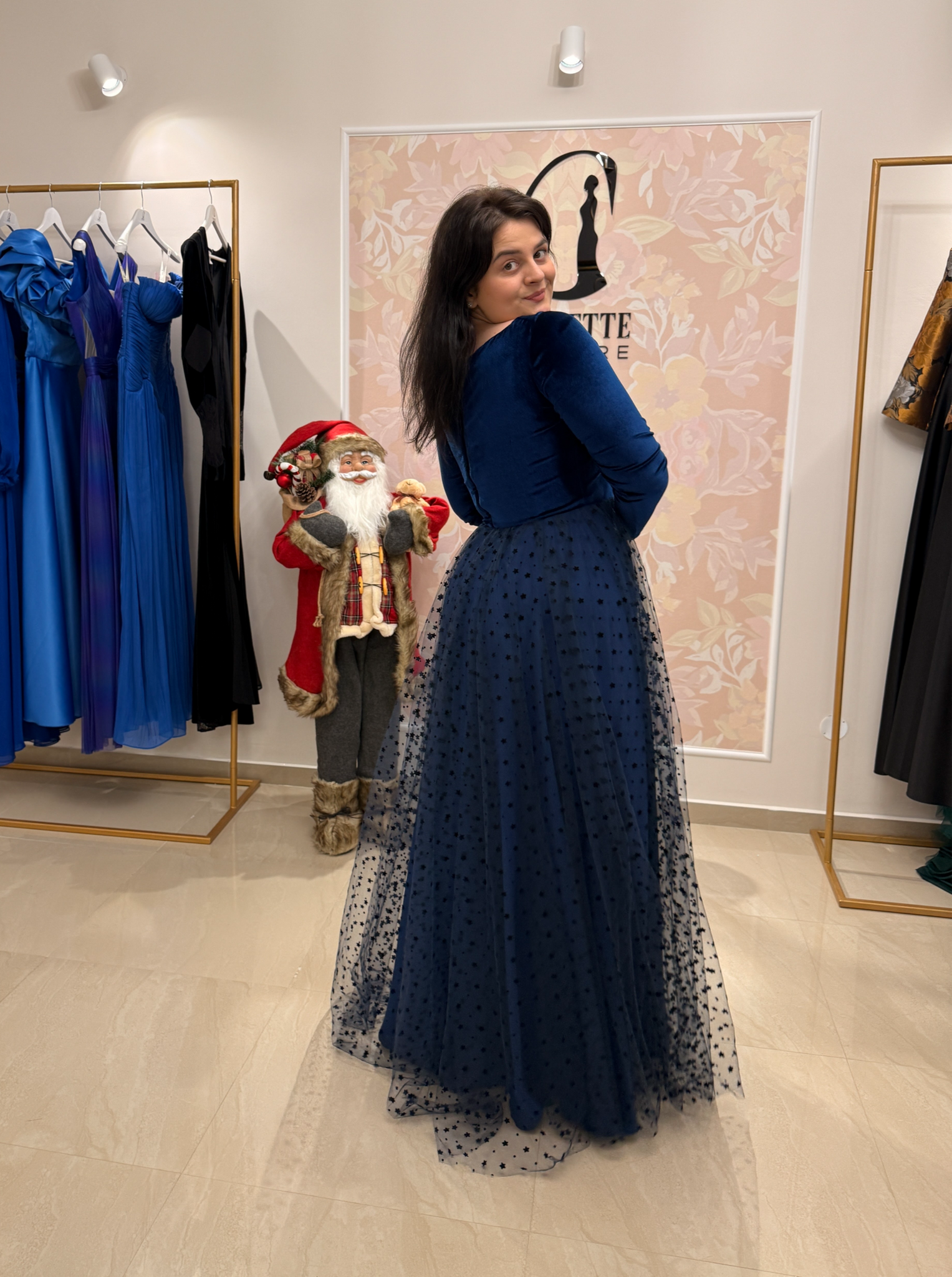 Velvet Dress with Tulle Skirt and Appliqués