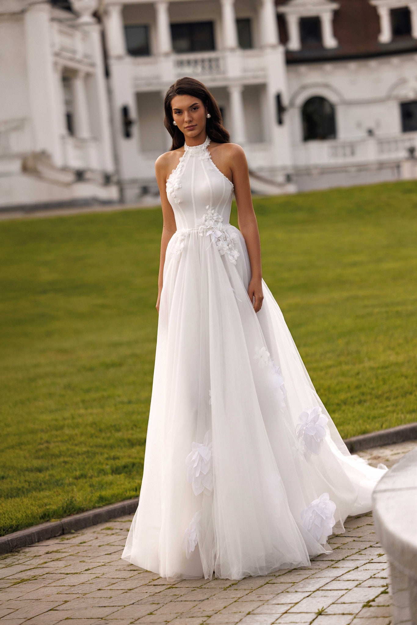 WEDDING DRESS WITH HIGH COLLAR AND 3D FLORAL EMBELLISHMENTS