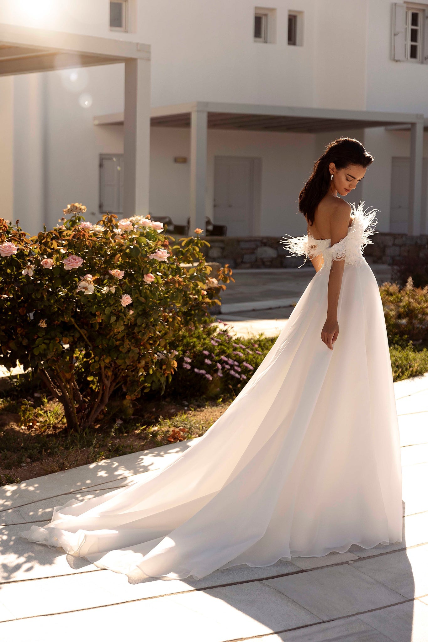 Wedding Dress in Organza with Feathers