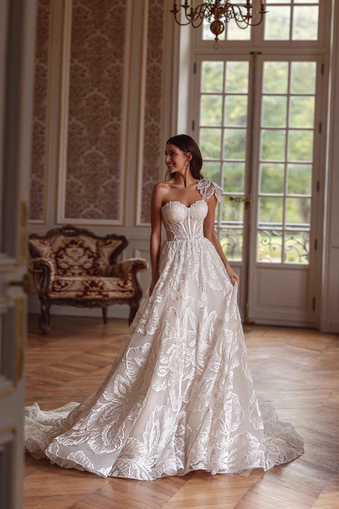 Wedding Dress with Flower on Shoulder