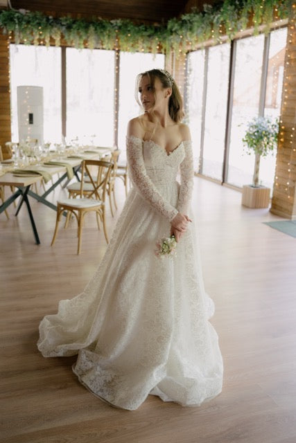 Off-Shoulder Macramé Lace A-Line Wedding Dress with Long Sleeves