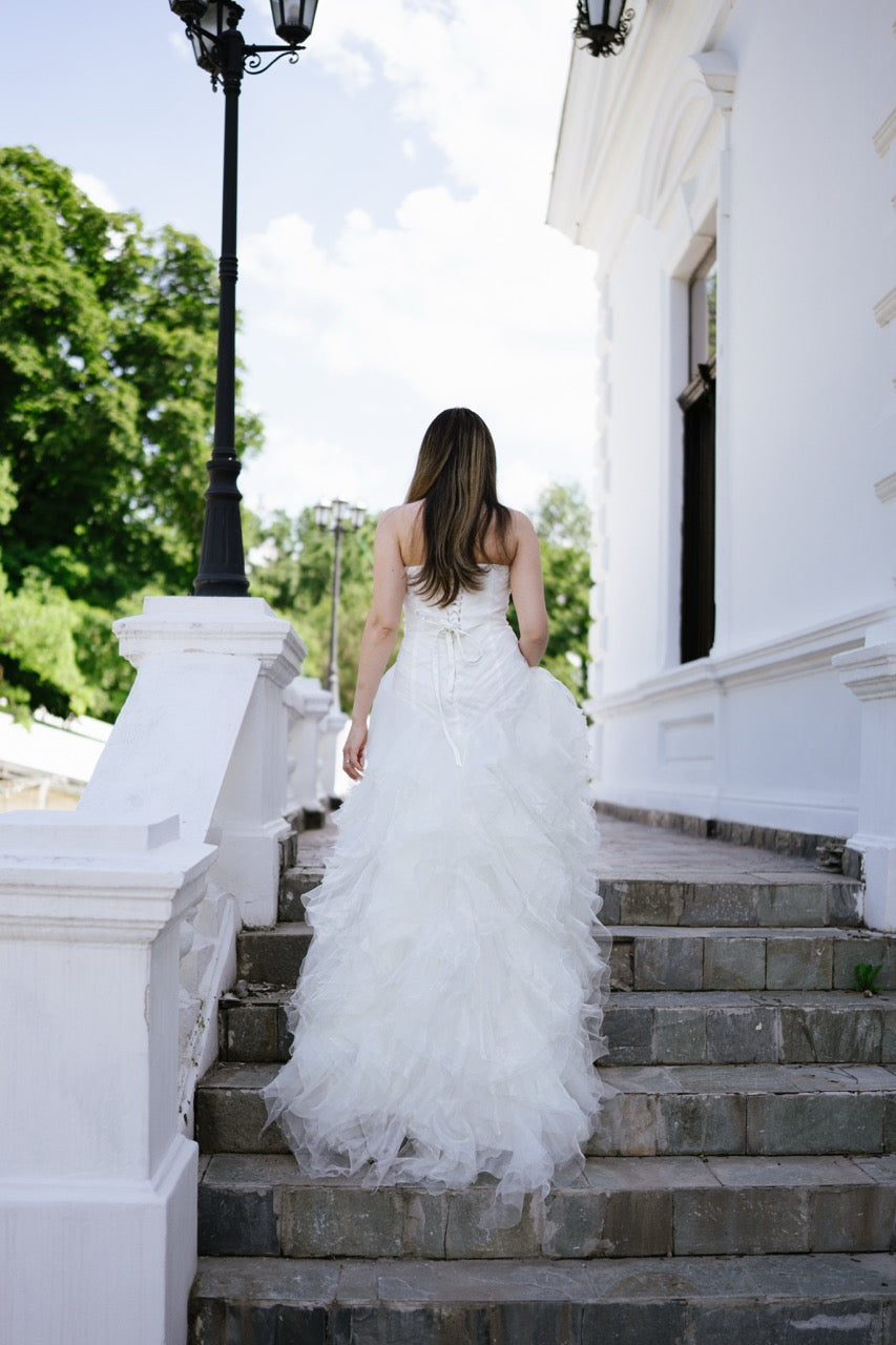 Strapless Organza Wedding Dress with Cascading Ruffles