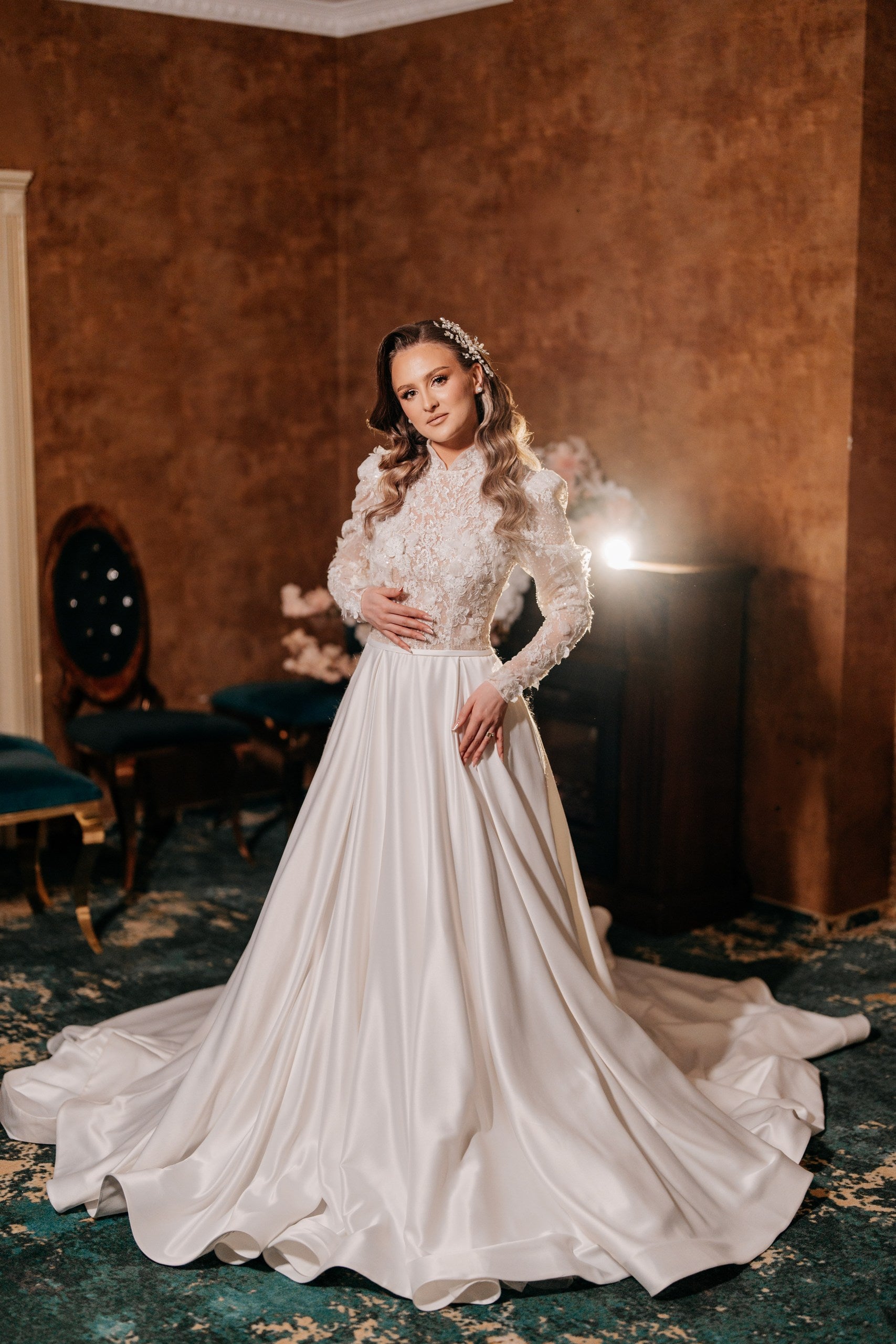Elegant Modest Bridal Gown with Lace Bodice